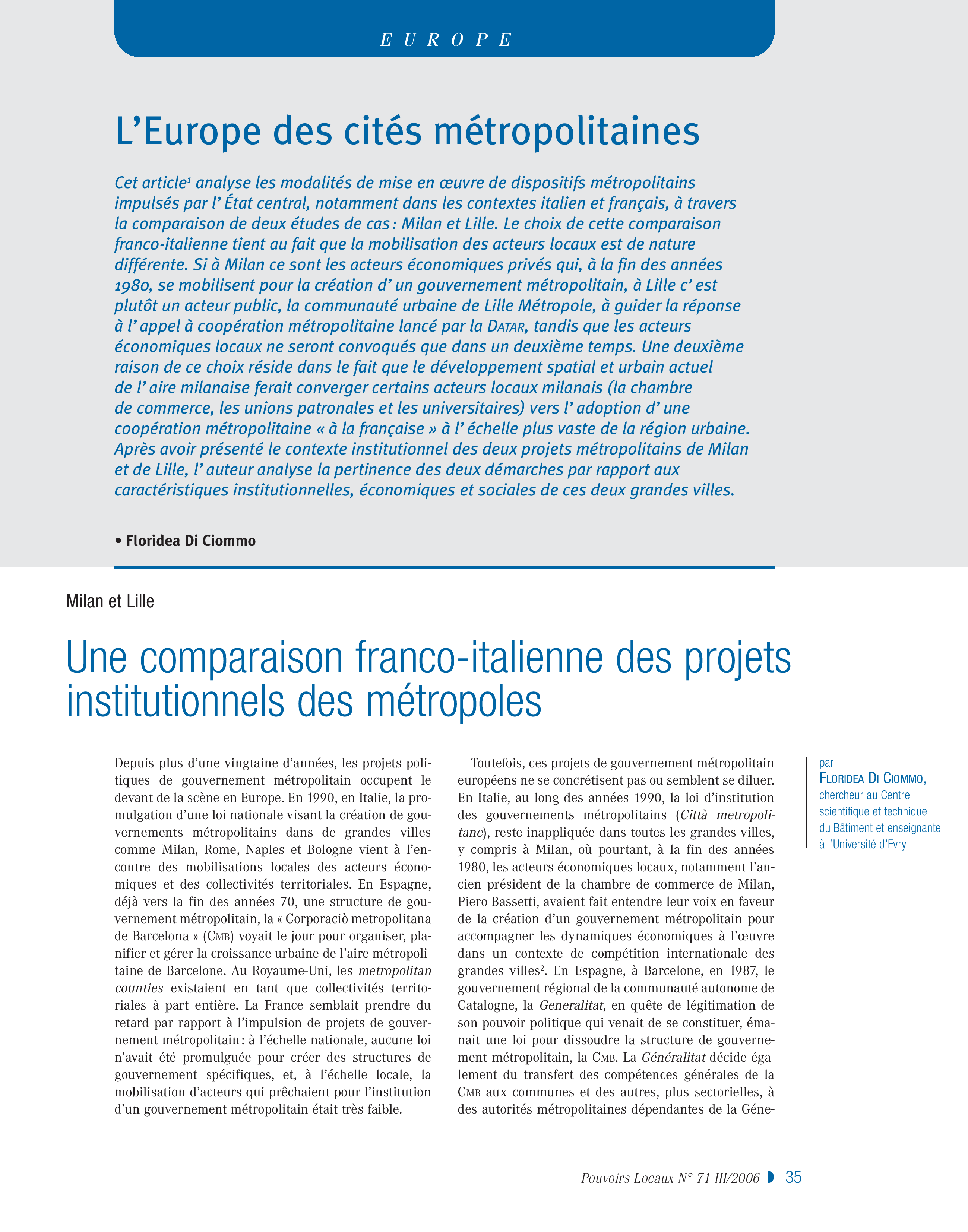 Article : Milan et Lille : une comparaison franco-italienne des projets institutionnels des métropoles