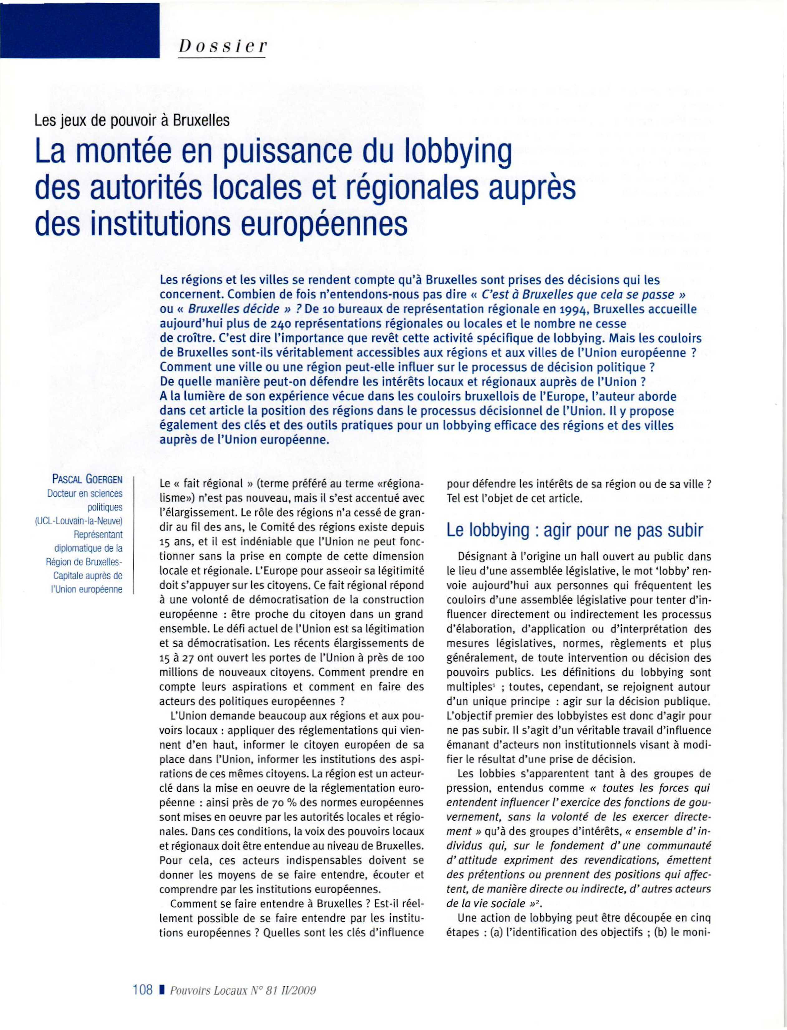 Article : Les jeux de pouvoirs à Bruxelles. La montée en puissance du lobbying des autorités locales et régionales auprès des institutions européennes