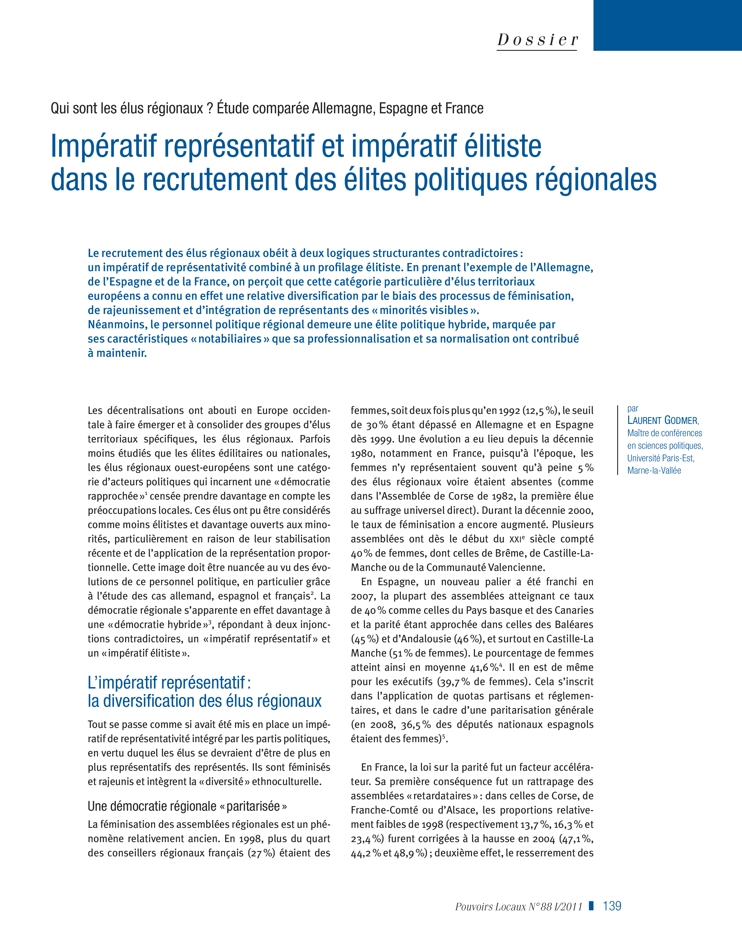 Article : Le recrutement des élites politiques régionales (Allemagne, Espagne, France)