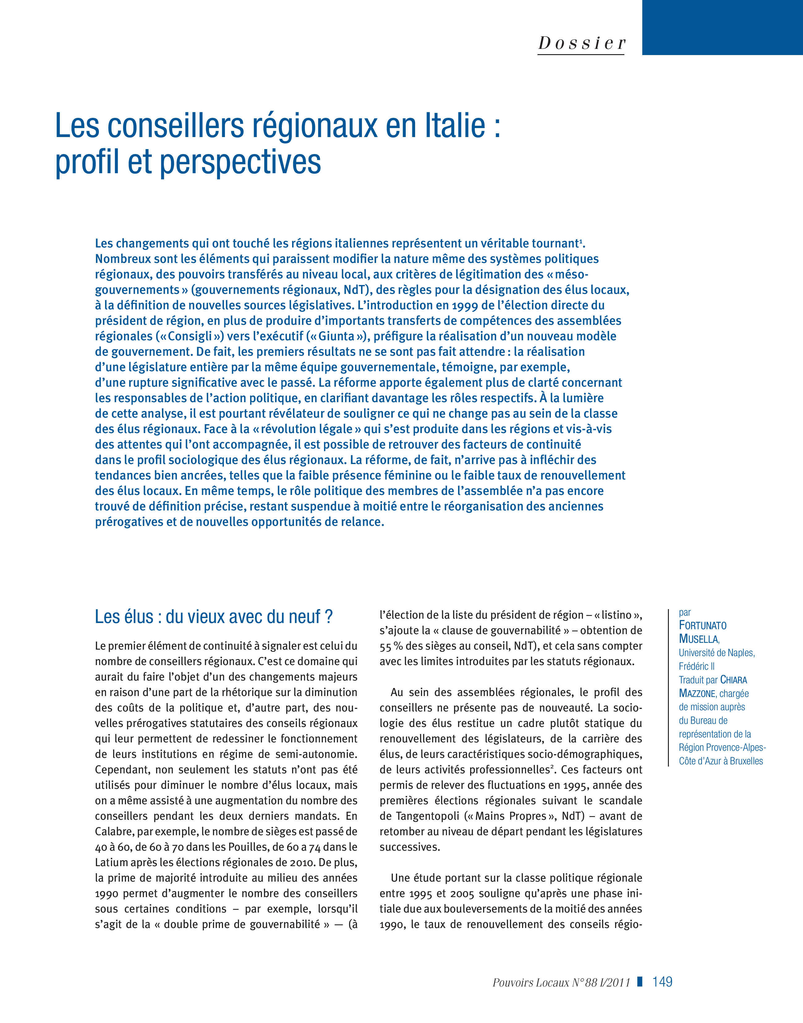 Article : Les conseillers régionaux en Italie : profil et perspectives