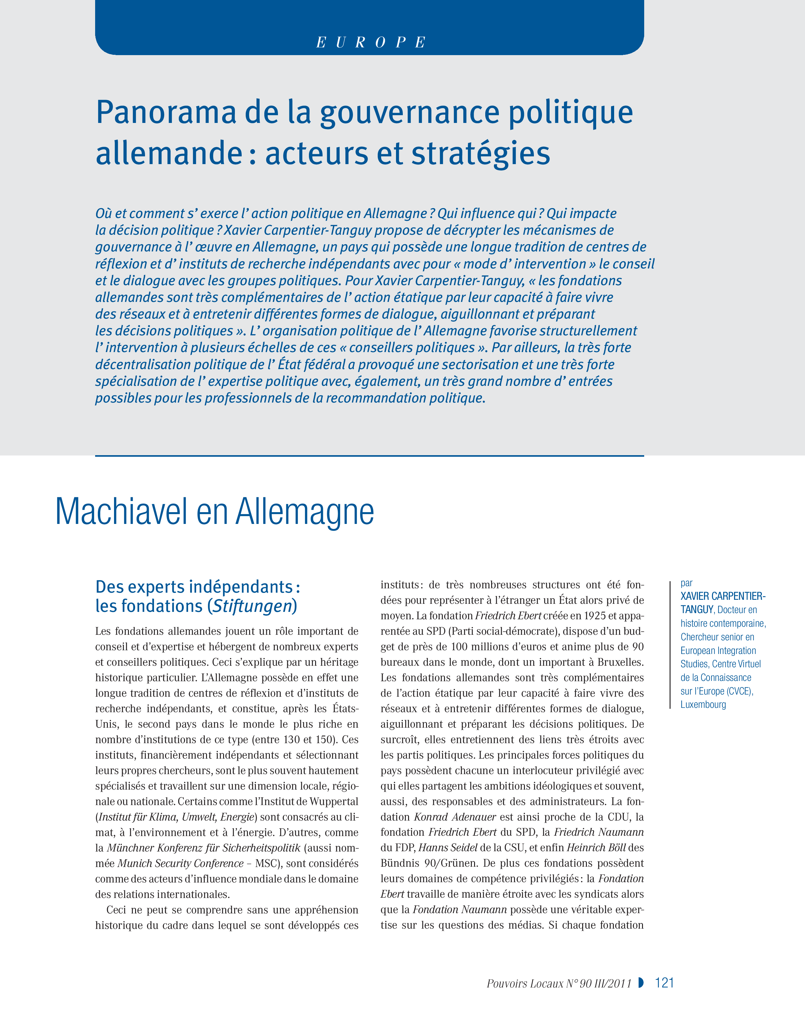 Article : Panorama de la gouvernance politique Allemande : acteurs, stratégies