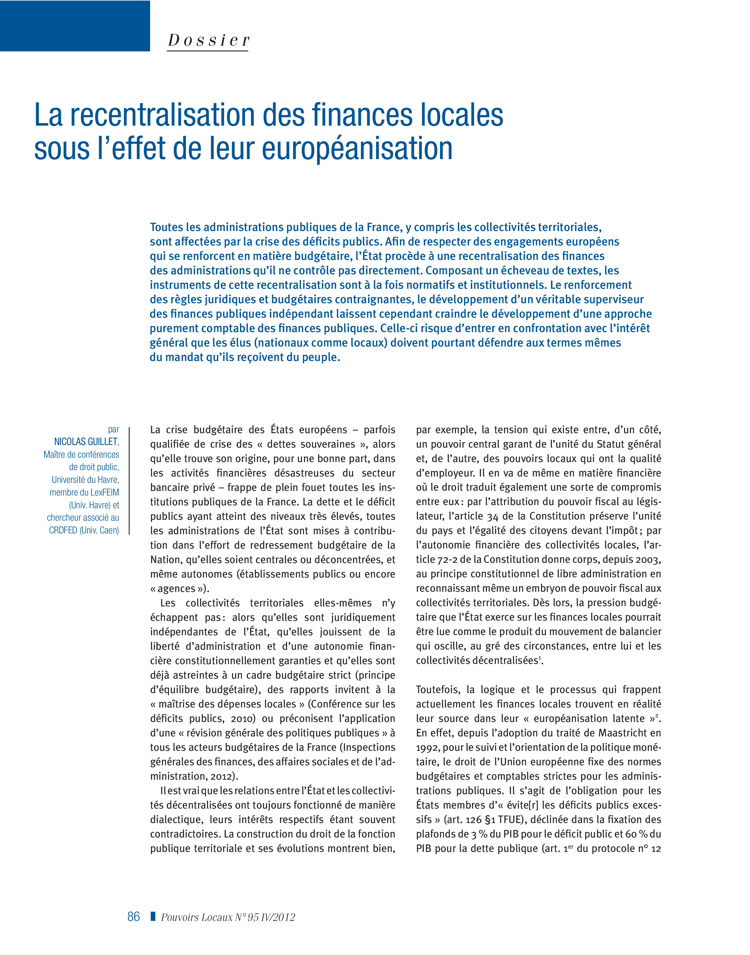 Article : La recentralisation des finances locales sous l’effet de leur européanisation