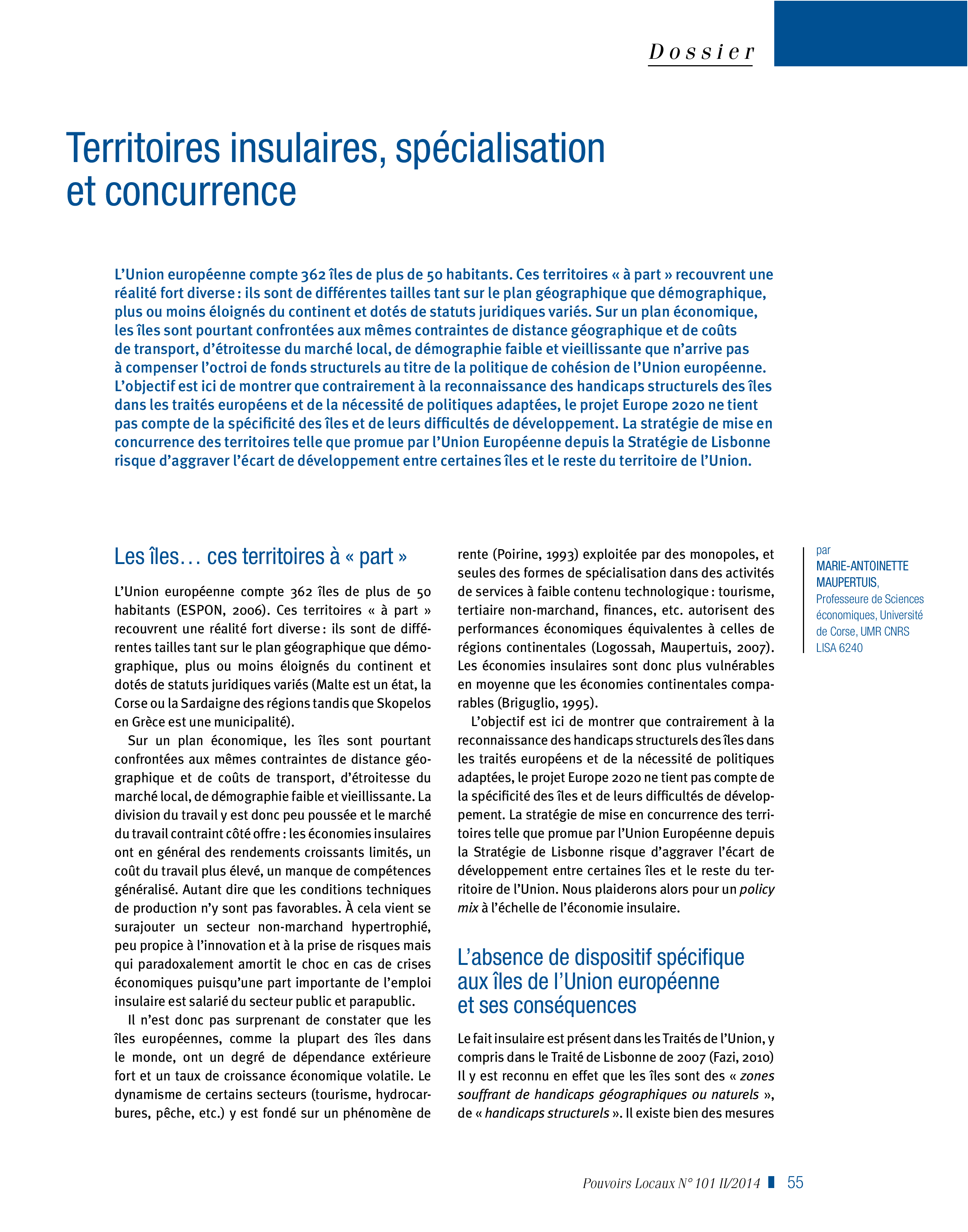 Article : Territoires insulaires, spécialisation et concurrence