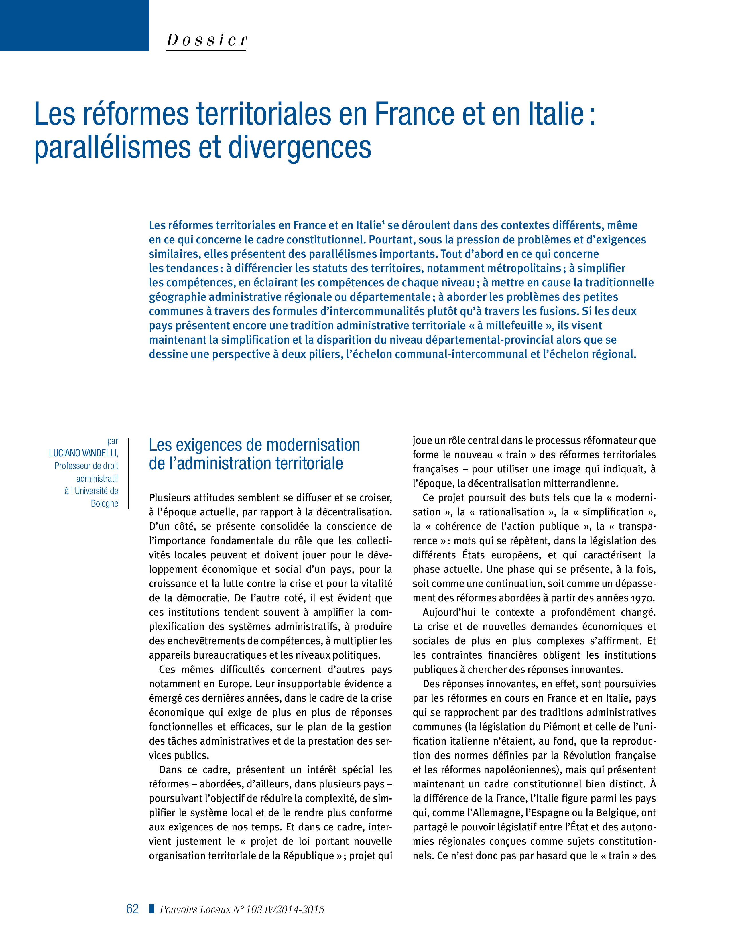 Article : Les réformes territoriales en France et en Italie : parallélismes et divergences
