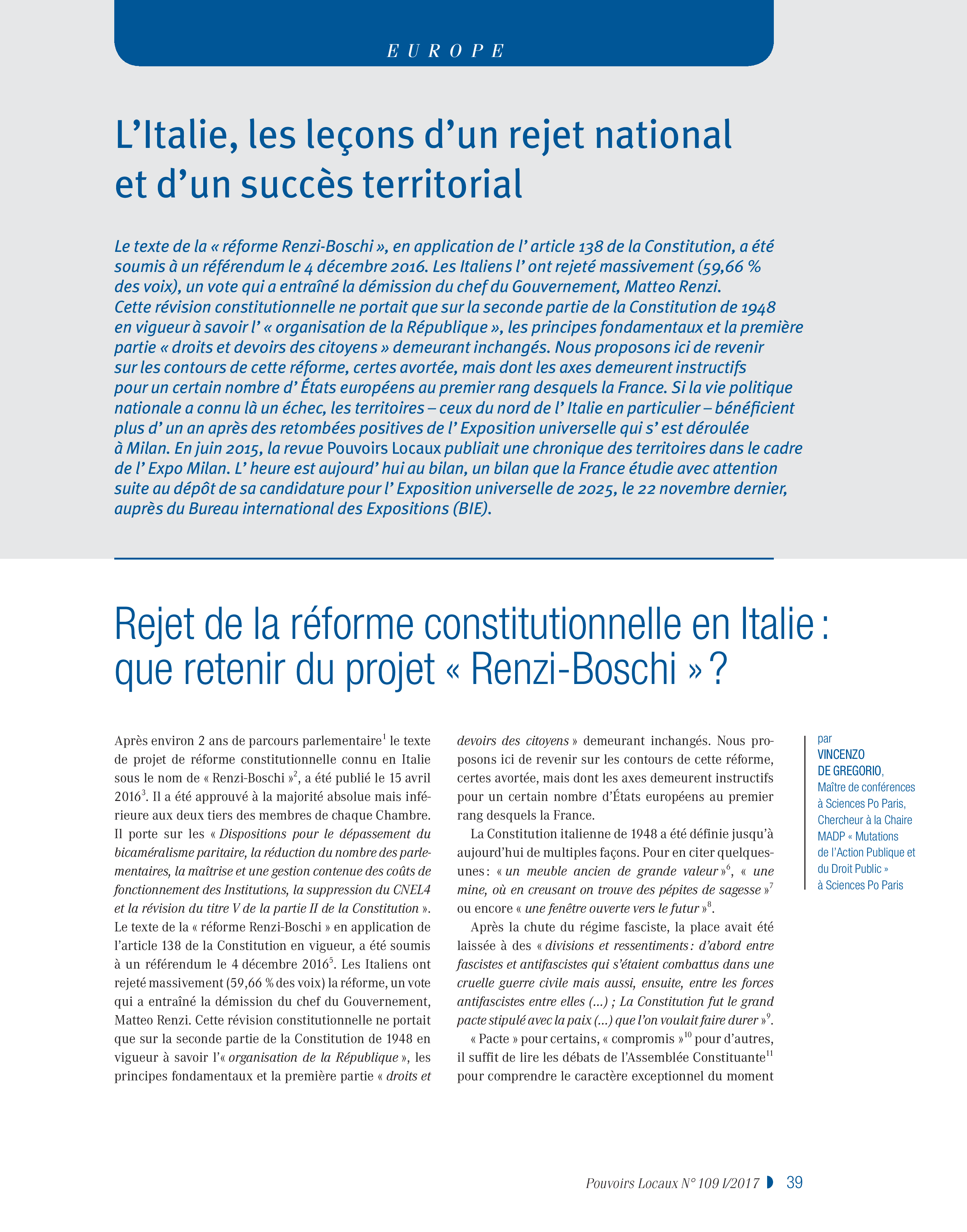 Article : Rejet de la réforme constitutionnelle en Italie : que retenir du projet « Renzi-Boschi »?