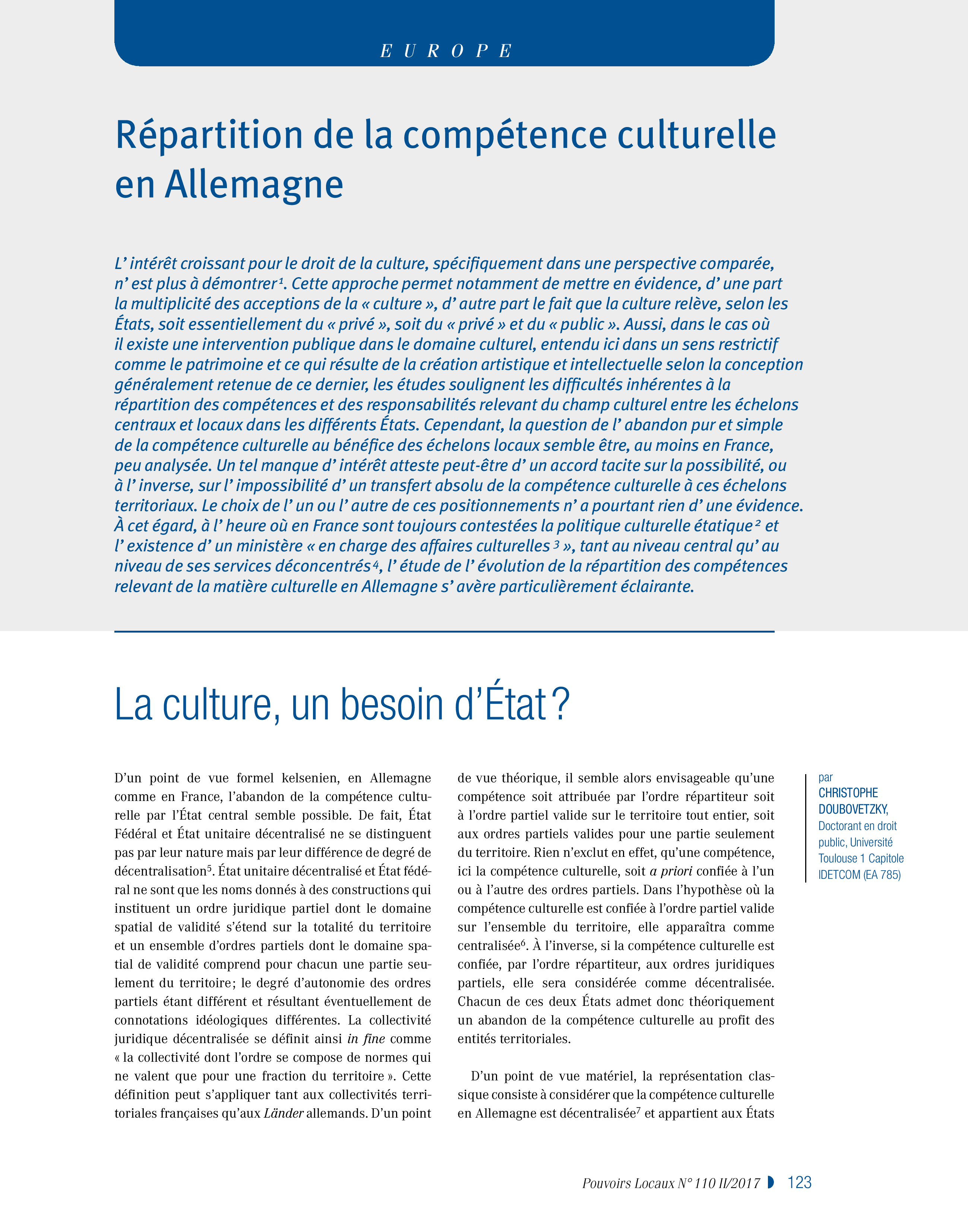 Article : Répartition des compétences en Allemagne : La culture, un besoin d’état ?