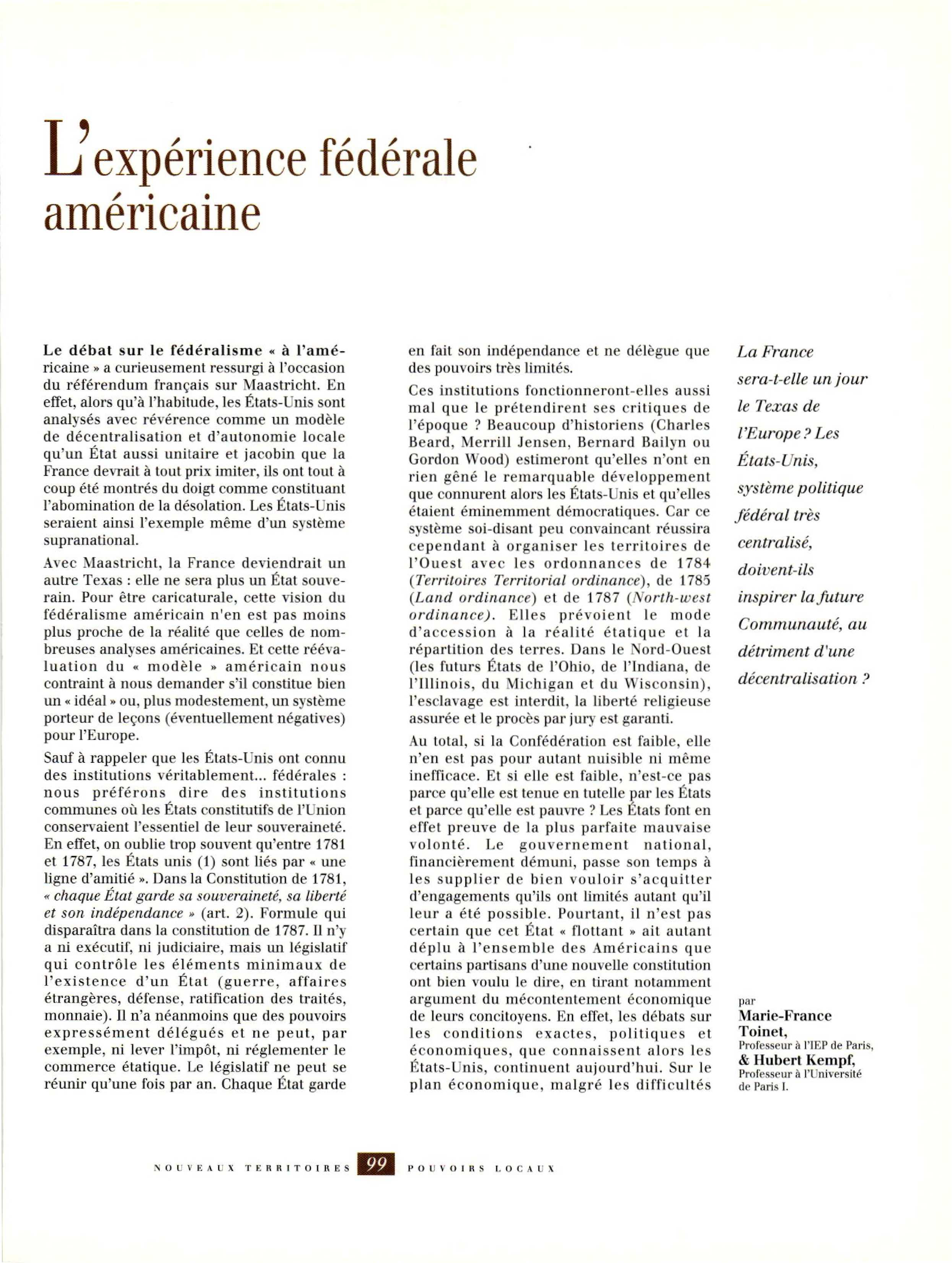 Article : L’expérience fédérale américaine