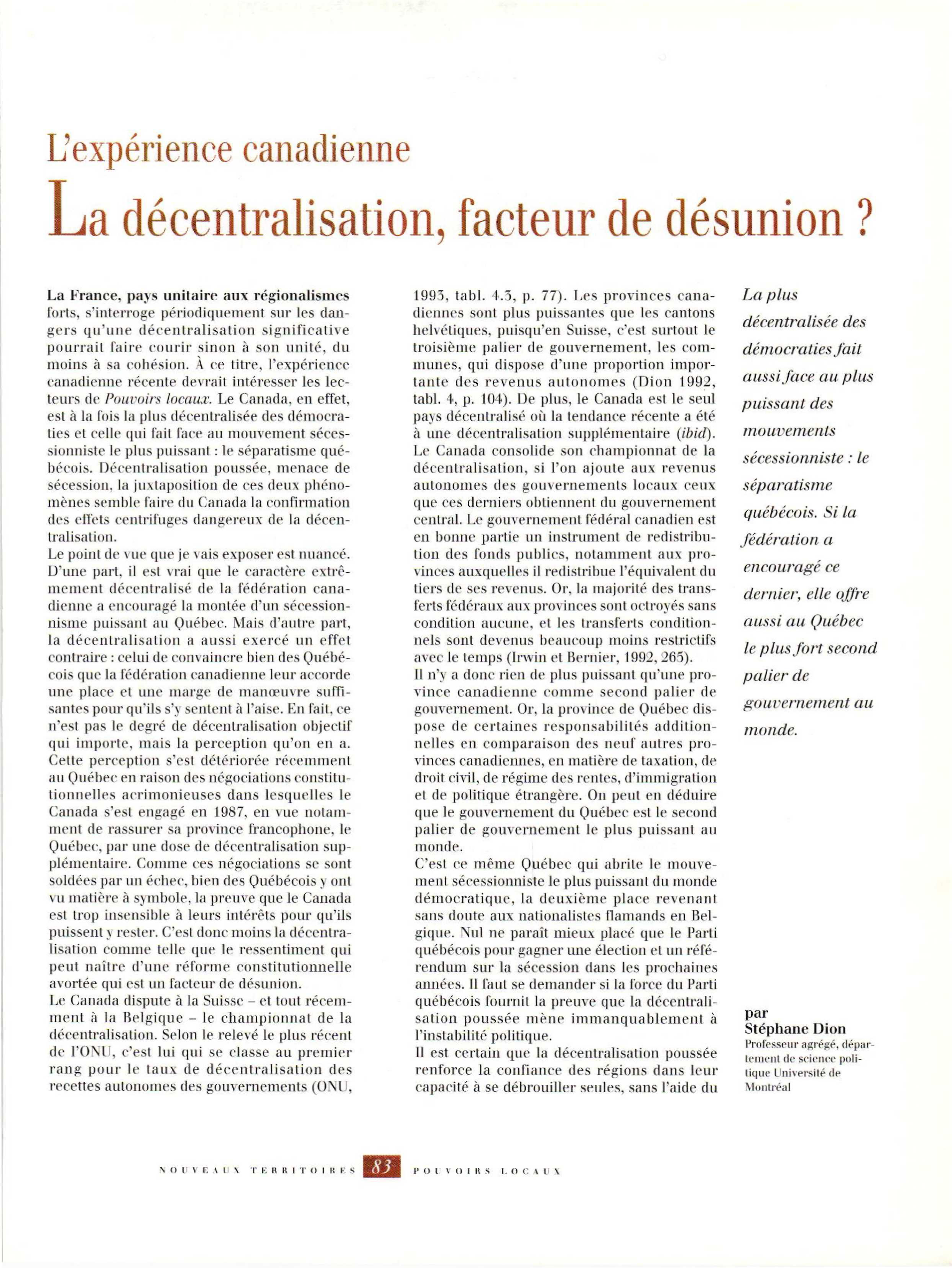 Article : L’expérience canadienne : la décentralisation, facteur de désunion