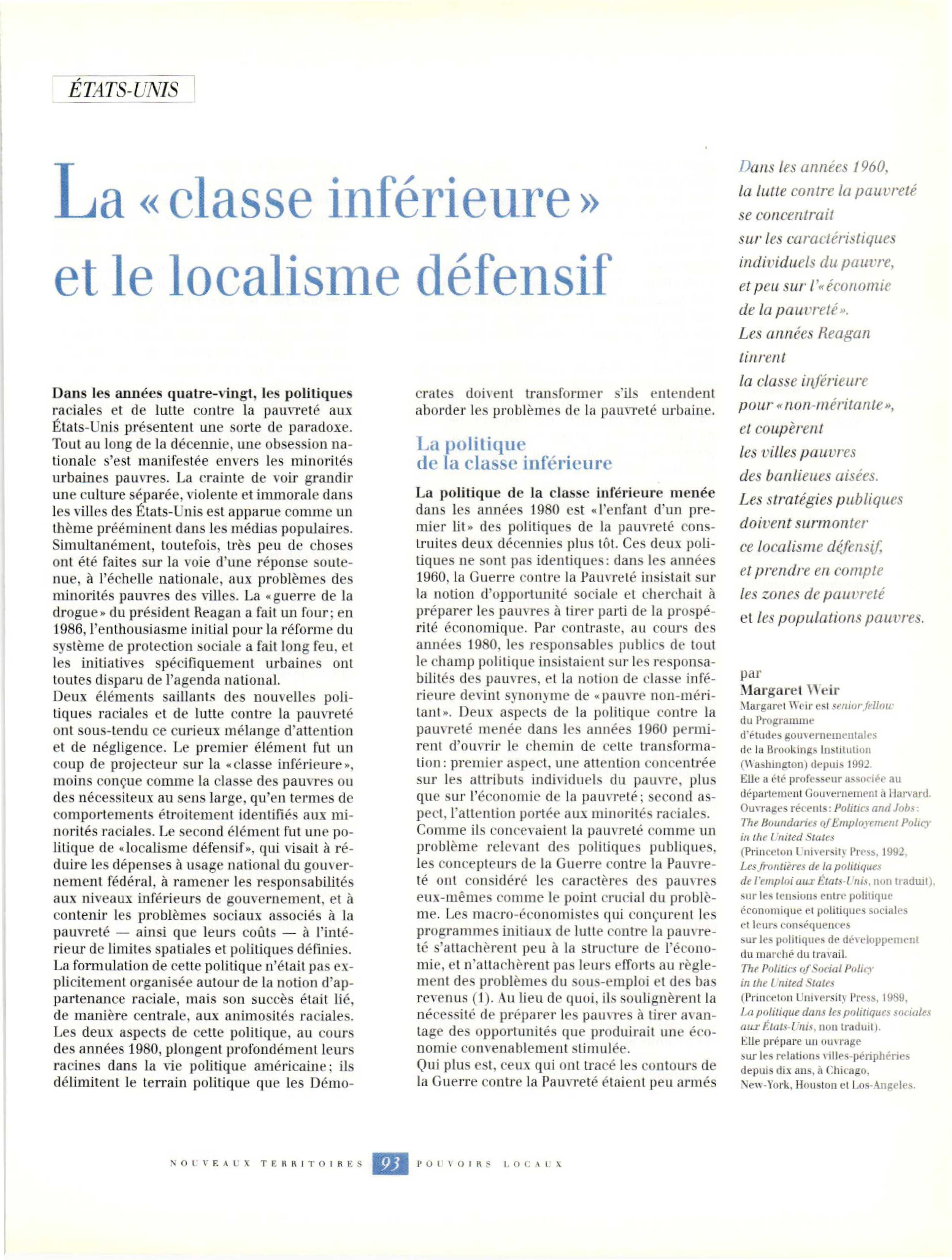 Article : La  et les politiques du localisme défensif aux Etats-Unis