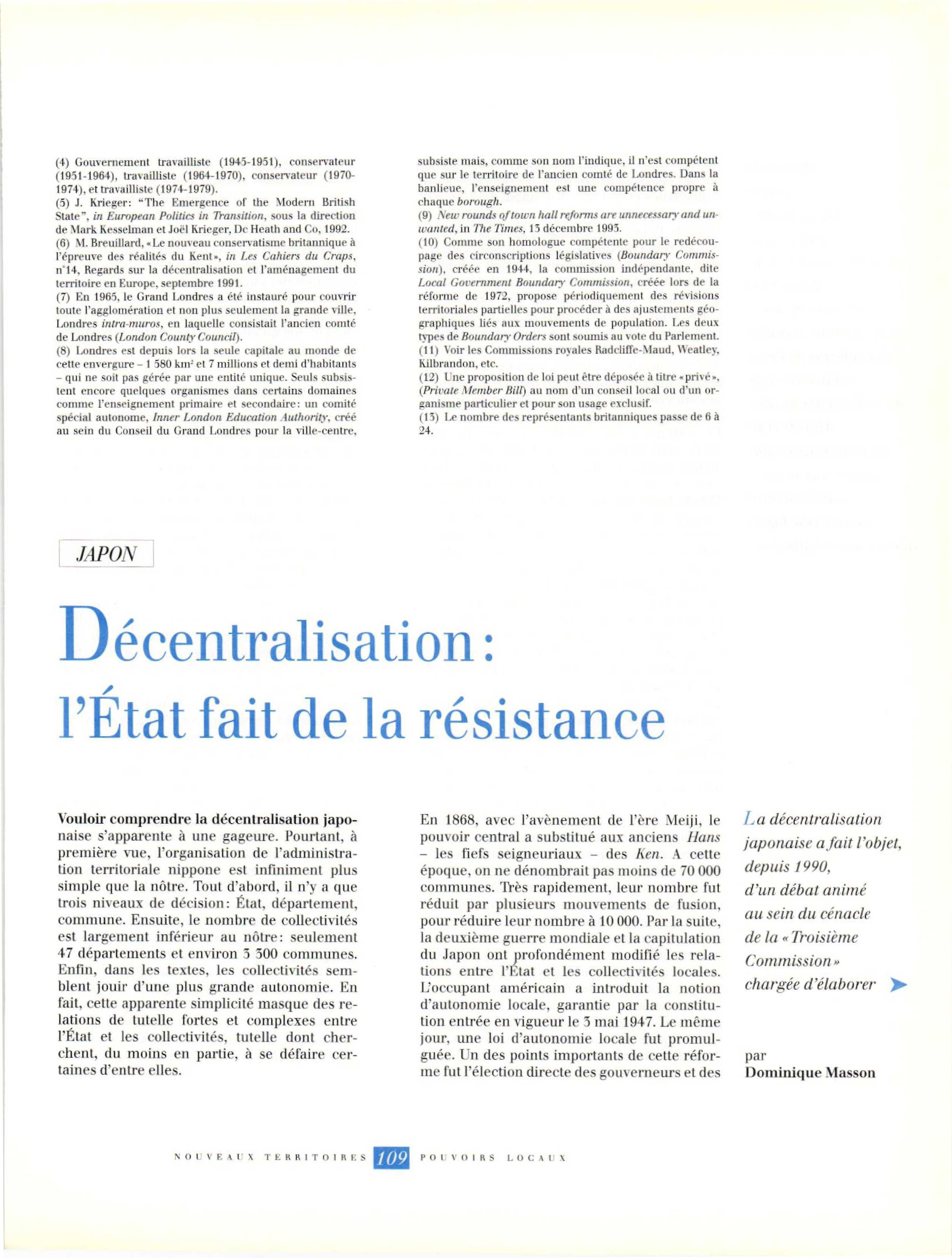 Article : Japon : Décentralisation, l’État fait de la résistance