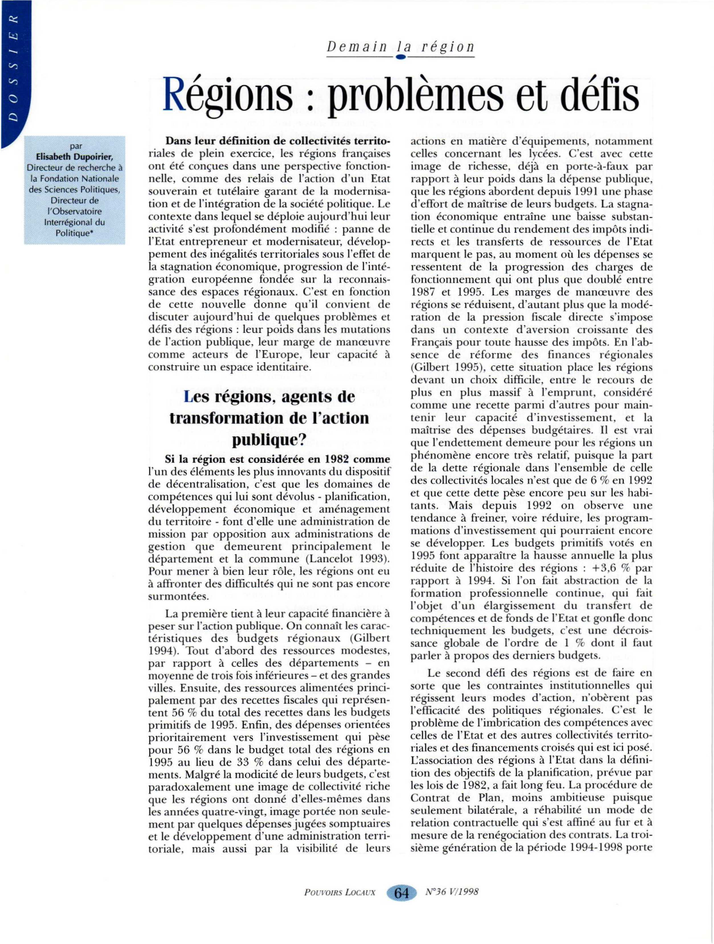 Article : Régions : problèmes et défis