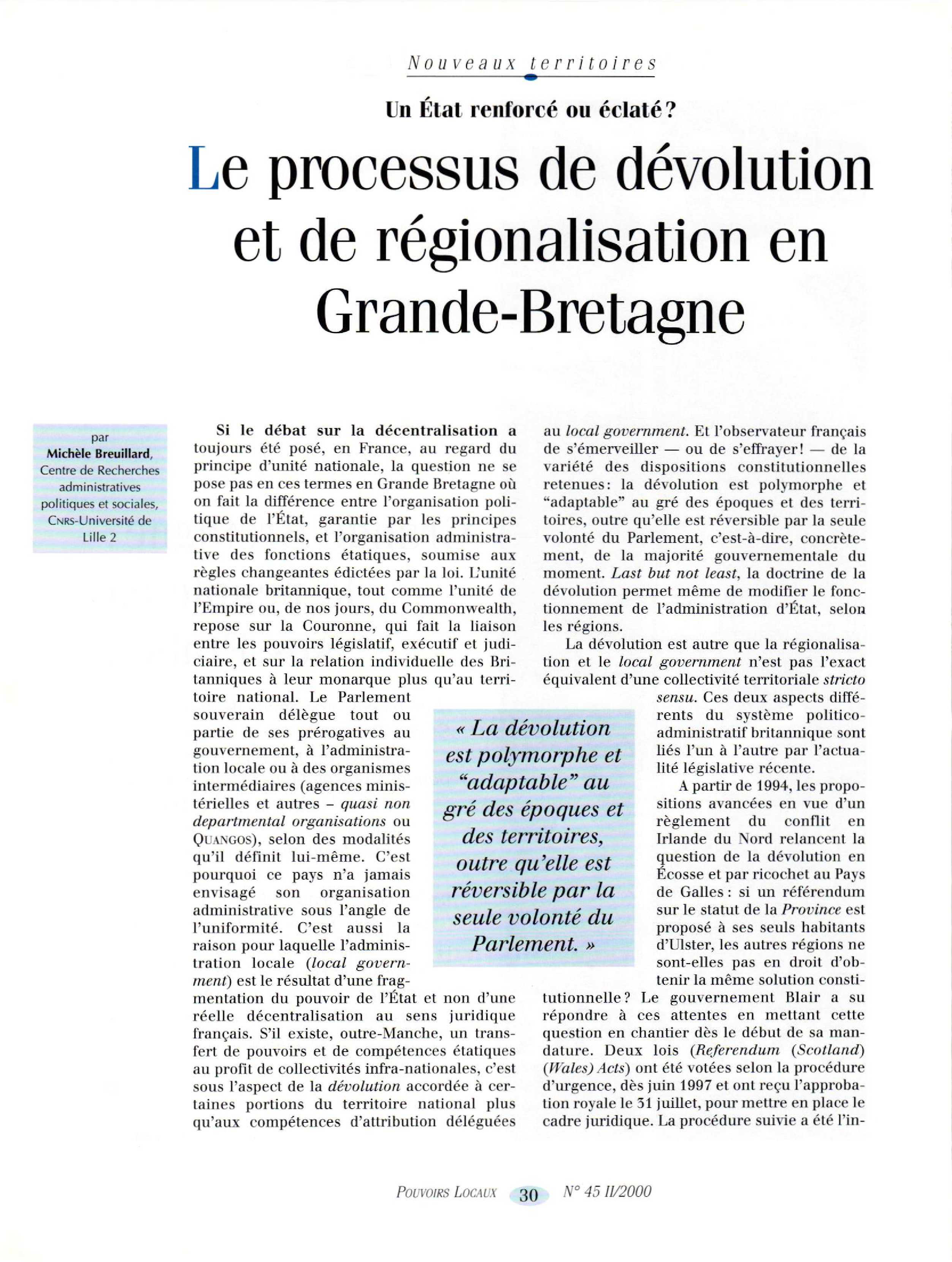 Article : Le processus de dévolution et de régionalisation en Grande-Bretagne