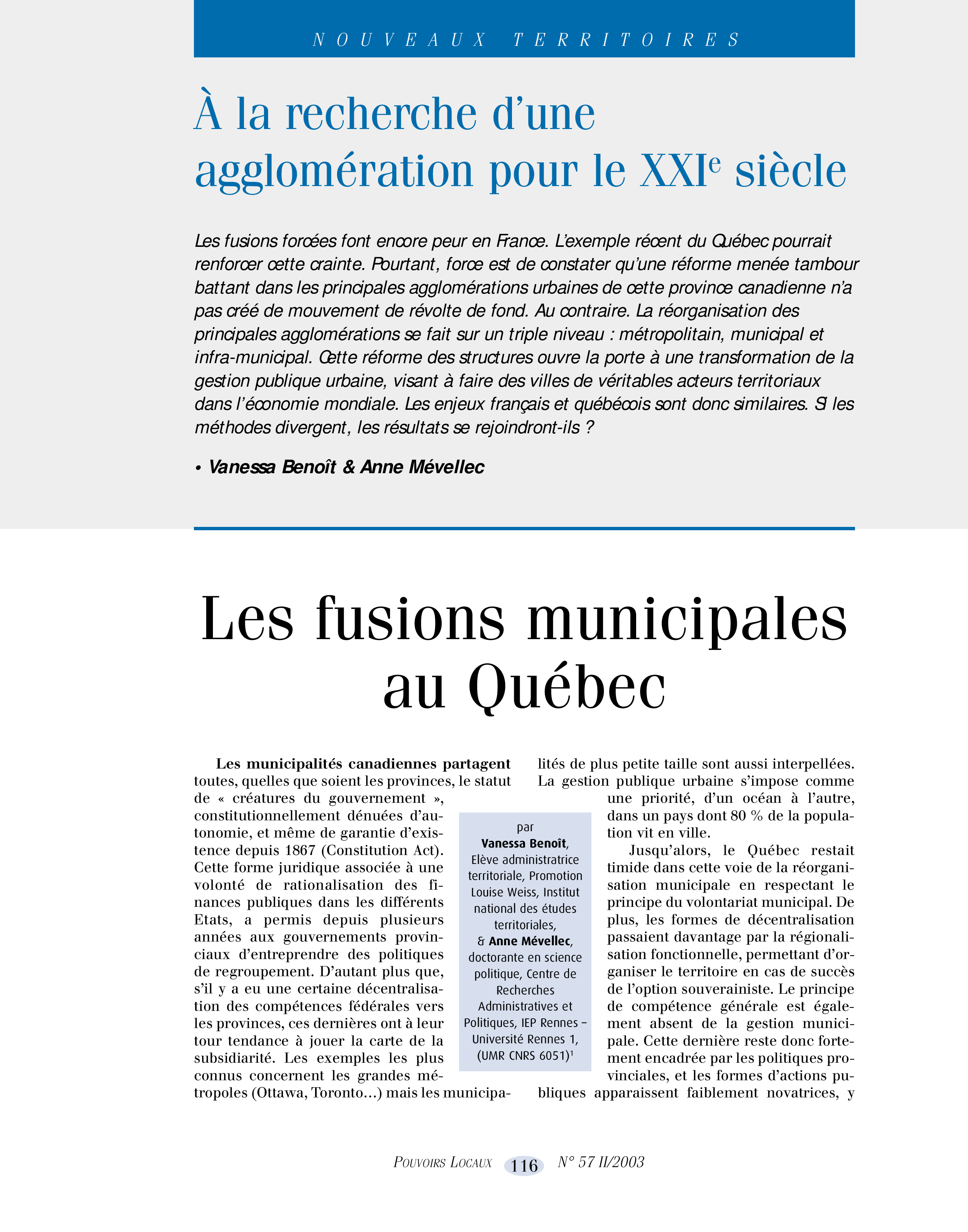 Article : Les fusions municipales au Québec