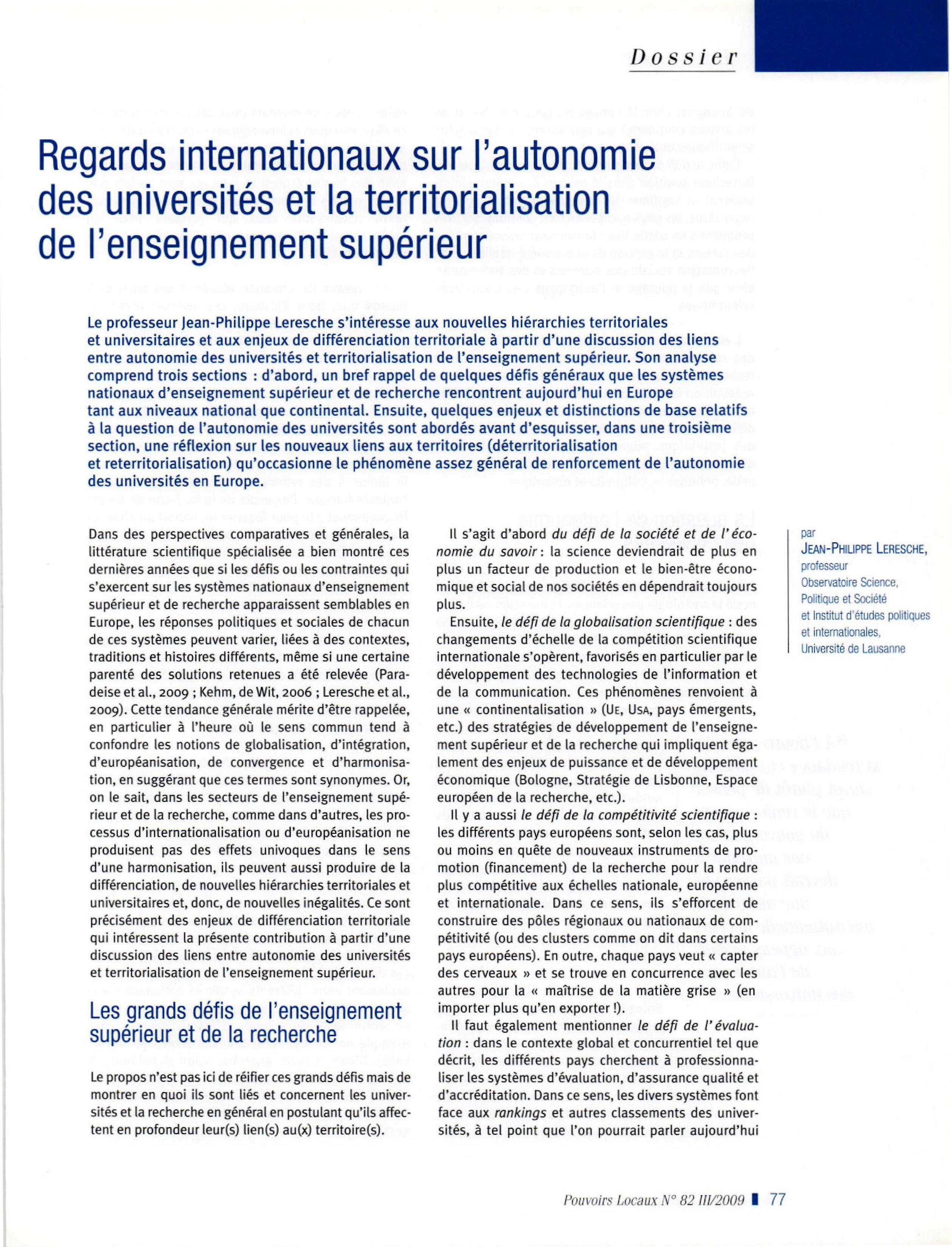 Article : Regards internationaux sur l’autonomie des universités et la territorialisation de l’enseignement supérieur