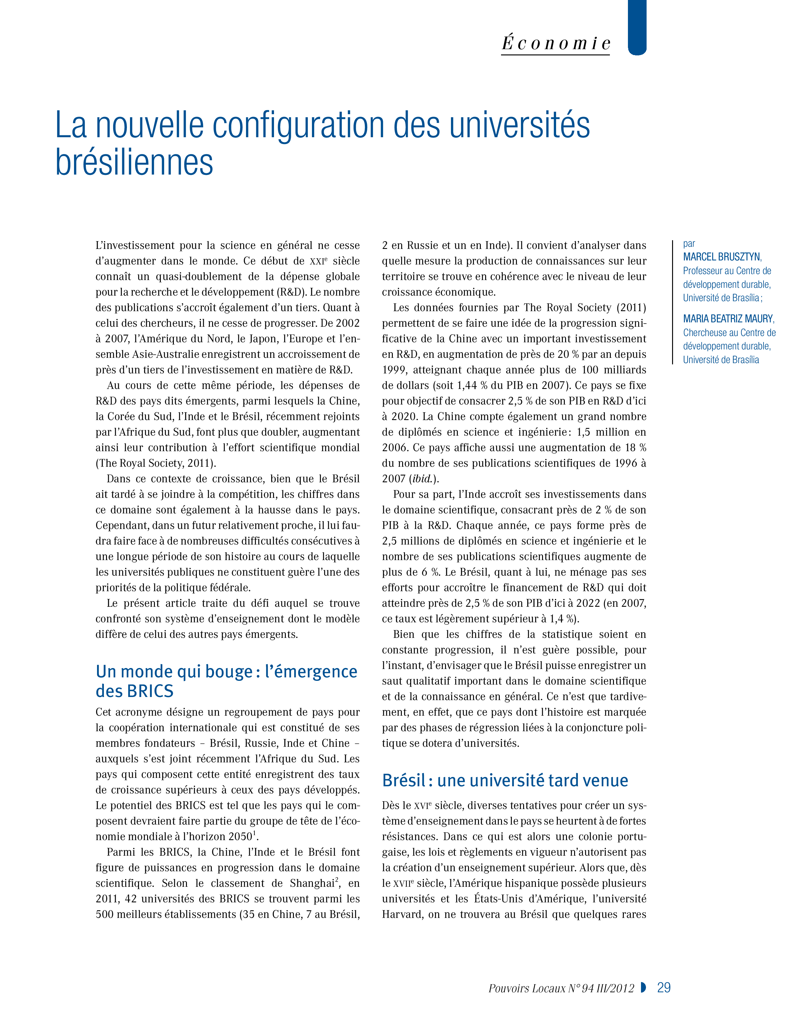 Article : La nouvelle configuration des universités brésiliennes