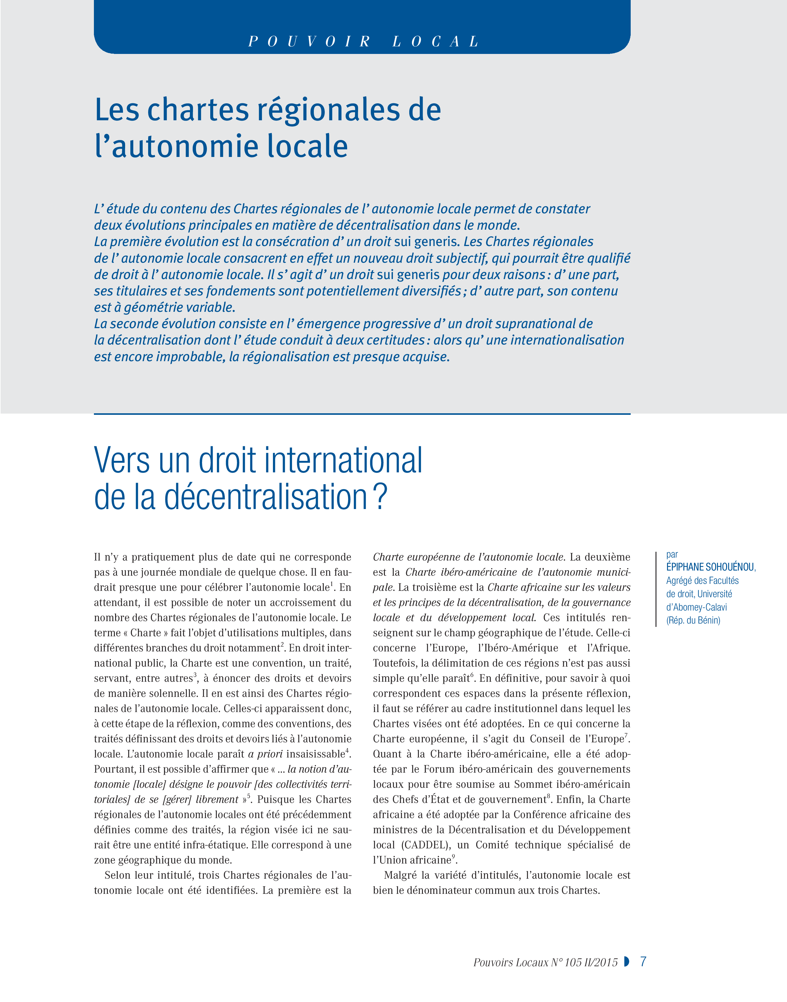 Article : Les chartes régionales de l’autonomie locale. Vers un droit international de la décentralisation?