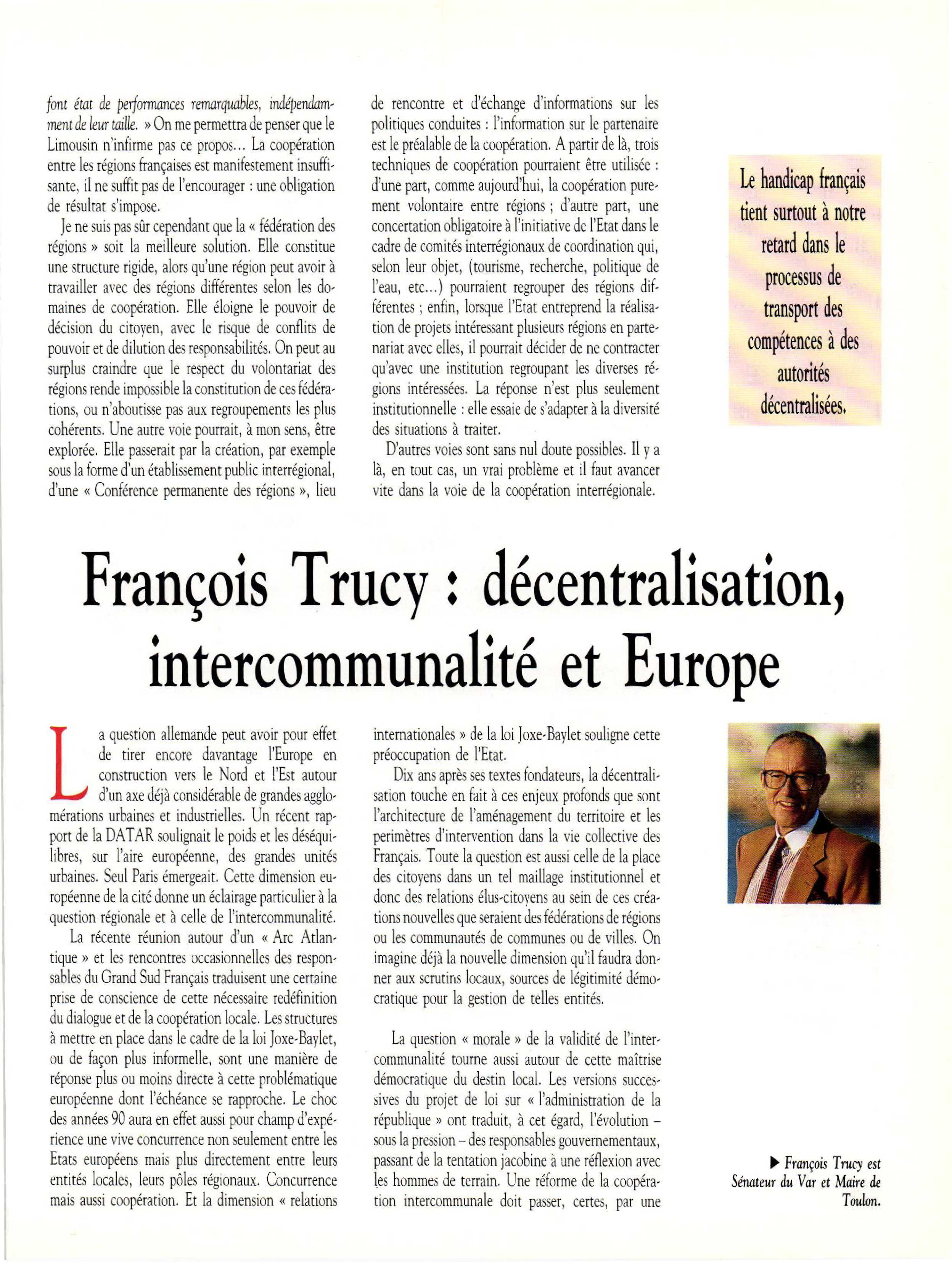 Article :  Décentralisation, intercommunalité et Europe
