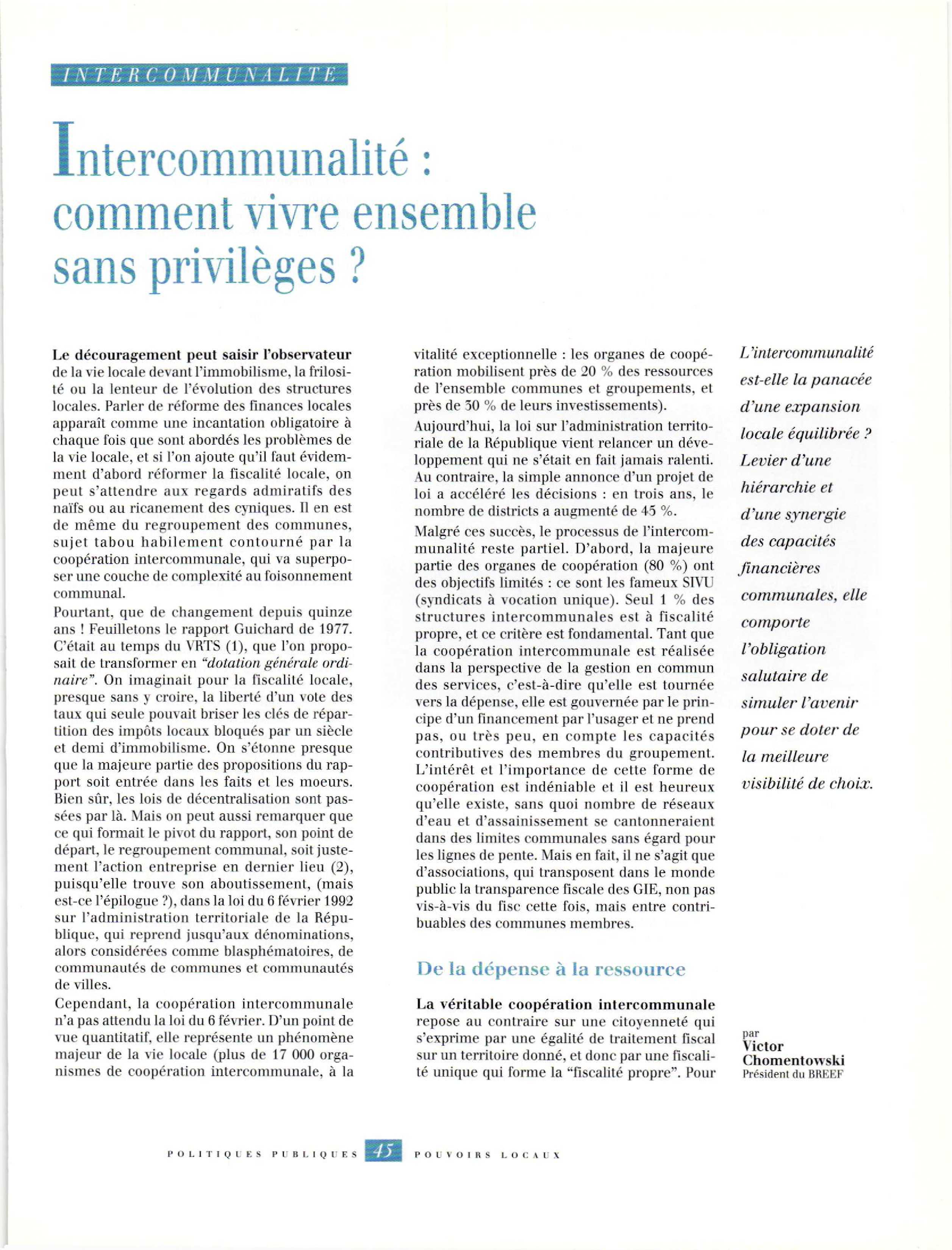 Article :  Intercommunalité : comment vivre ensemble sans privilèges ?