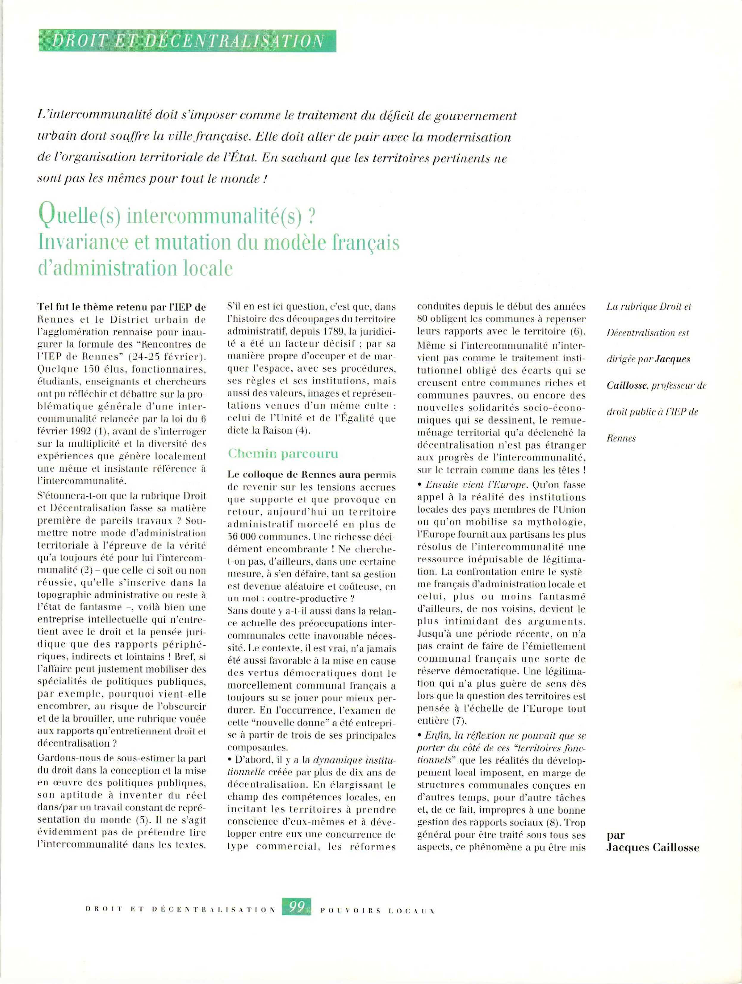 Article : Quelle(s) intercommunalité(s)? Invariance et mutation du modèle français d’administration locale