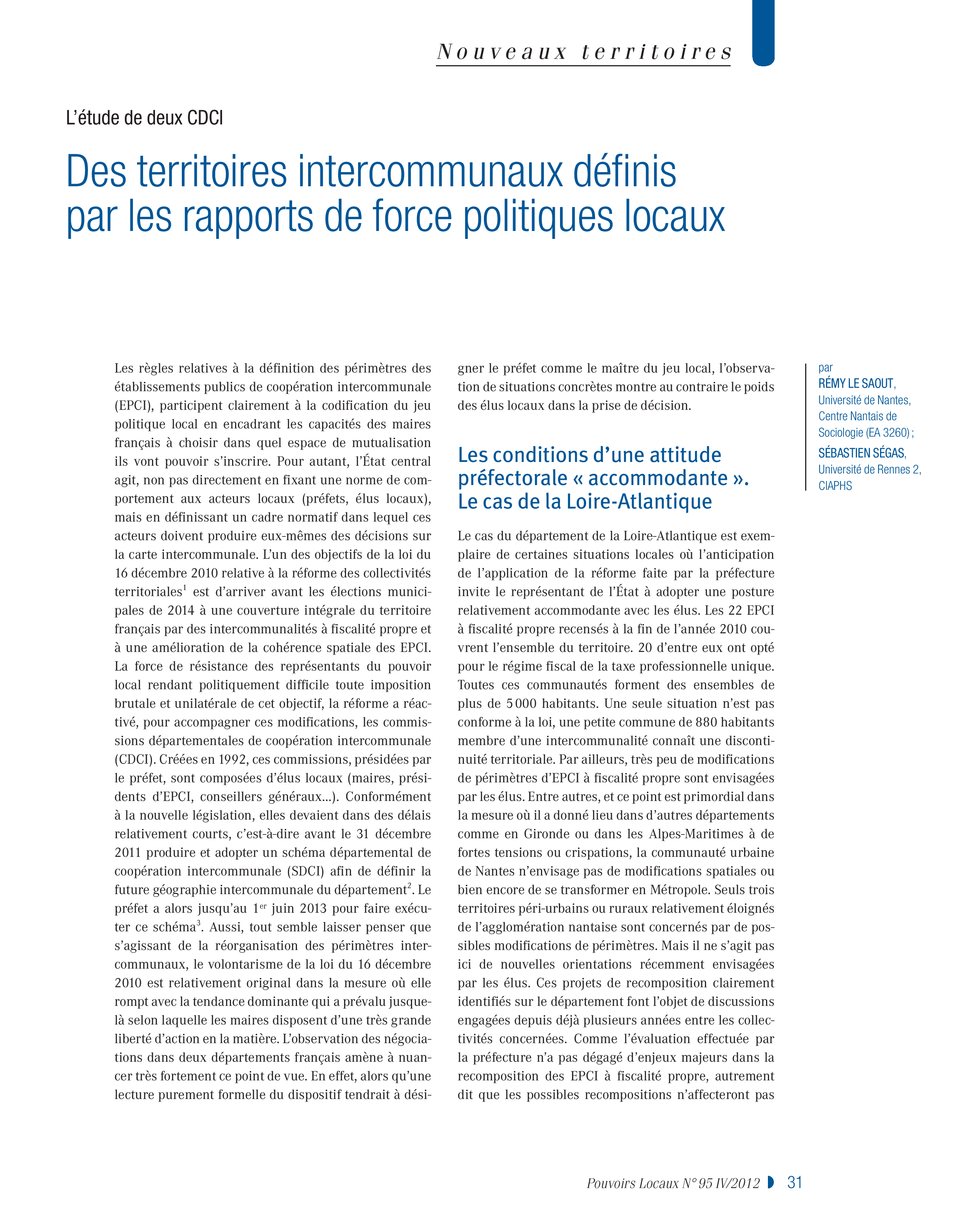 Article : Des territoires intercommunaux définis par les rapports de force politiques locaux. L’étude de deux CDCI