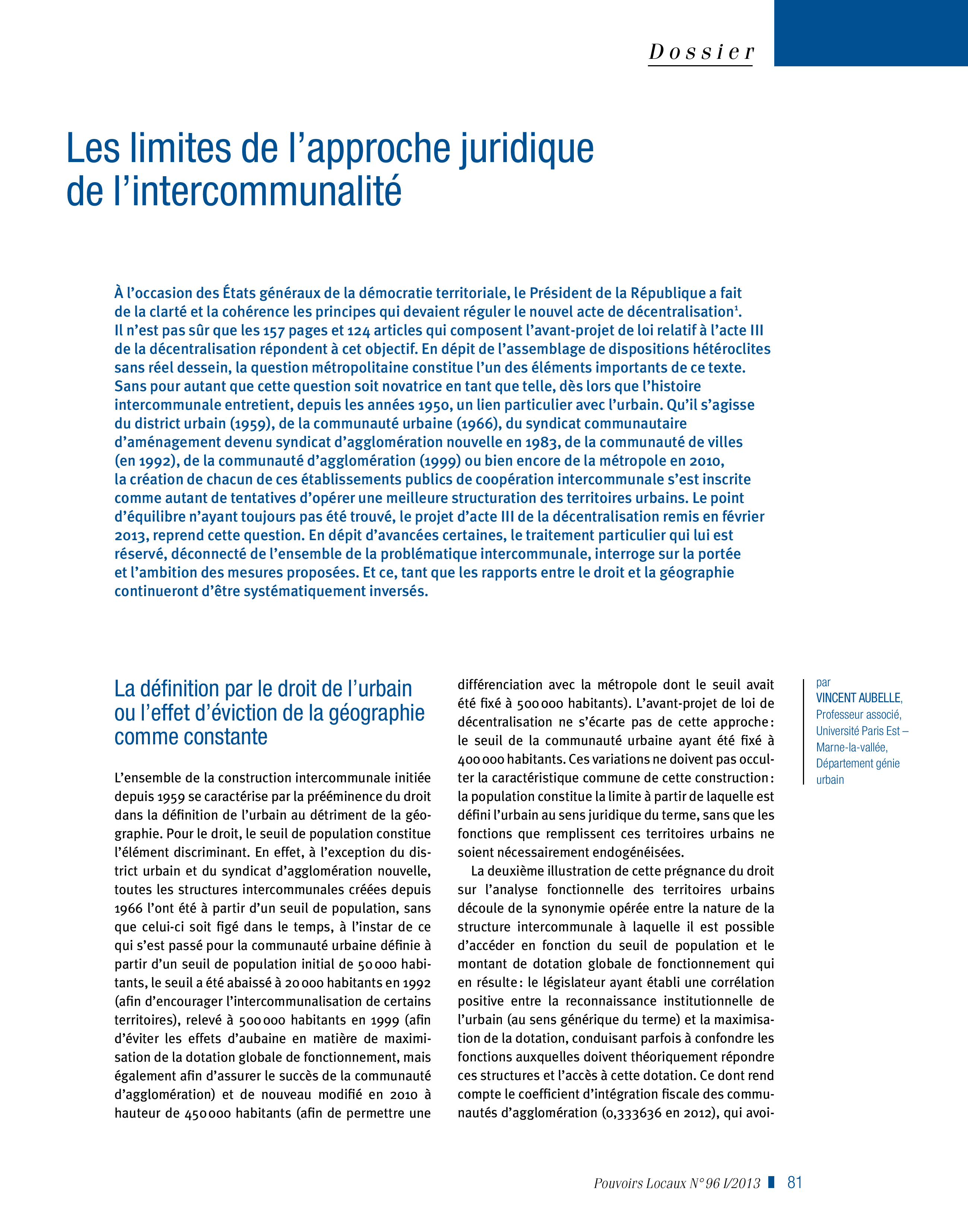 Article : Les limites de l’approche juridique de l’intercommunalité