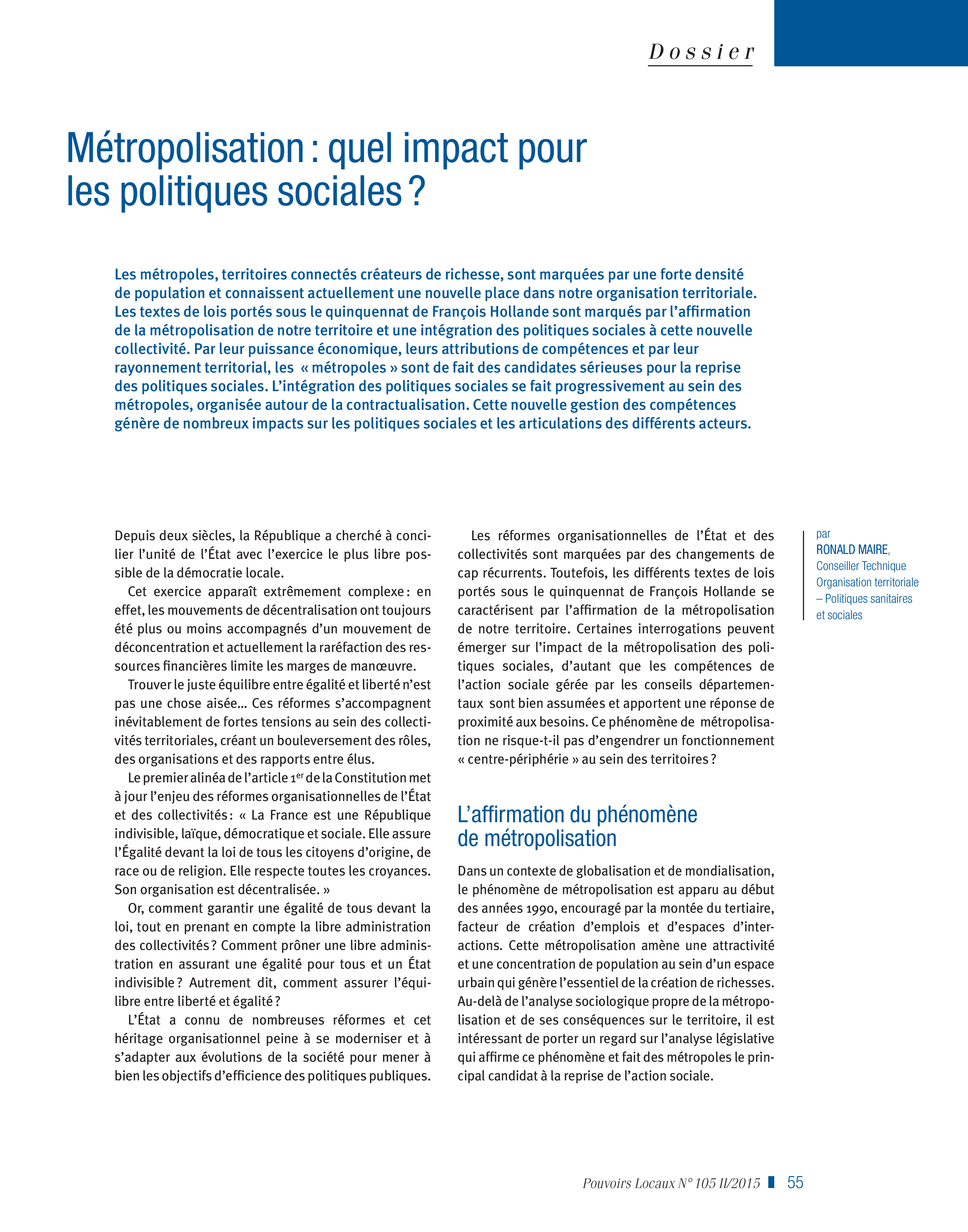 Article : Métropolisation: quel impact pour les politiques sociales ?