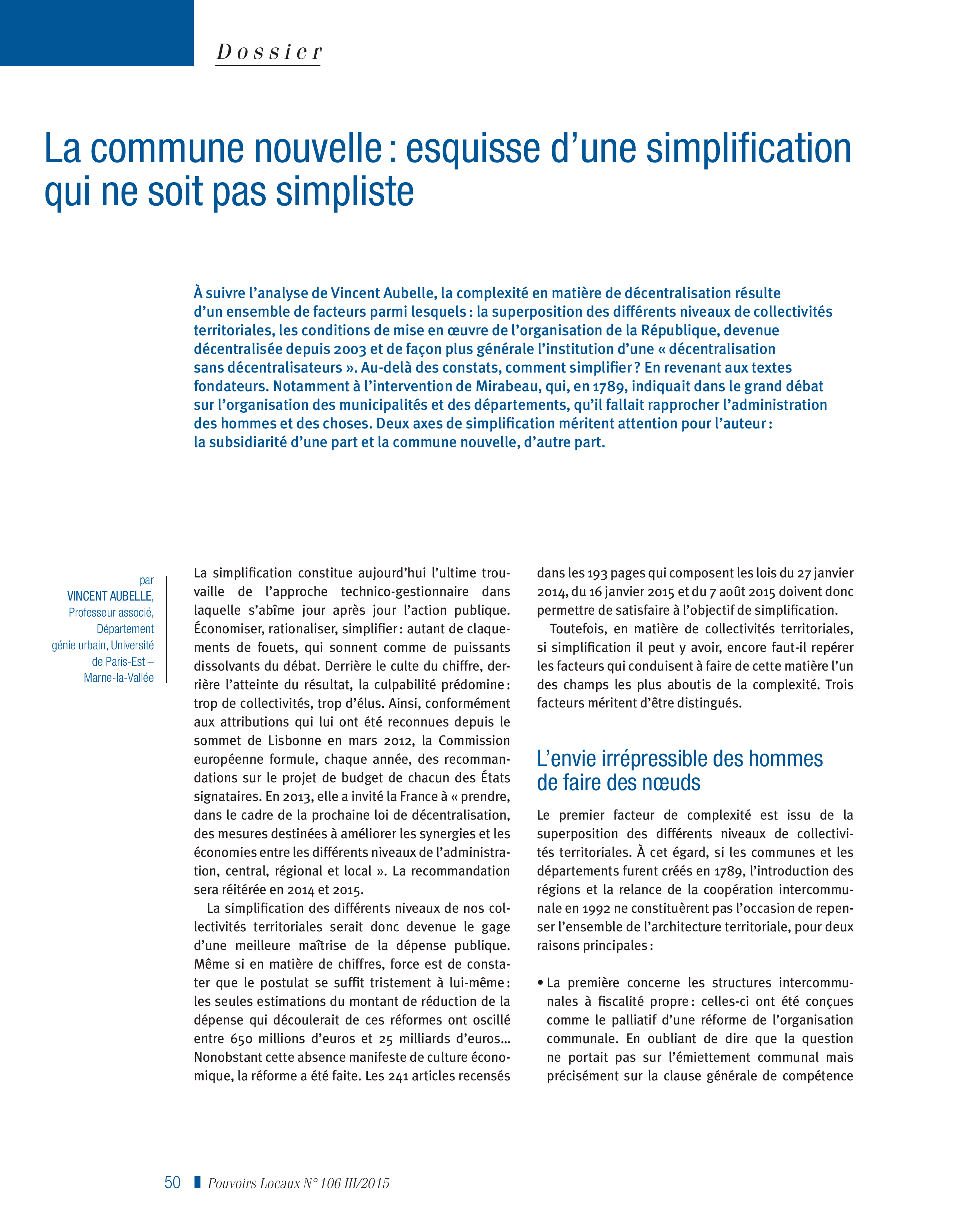 Article : La commune nouvelle: esquisse d’une simplification qui ne soit pas simpliste