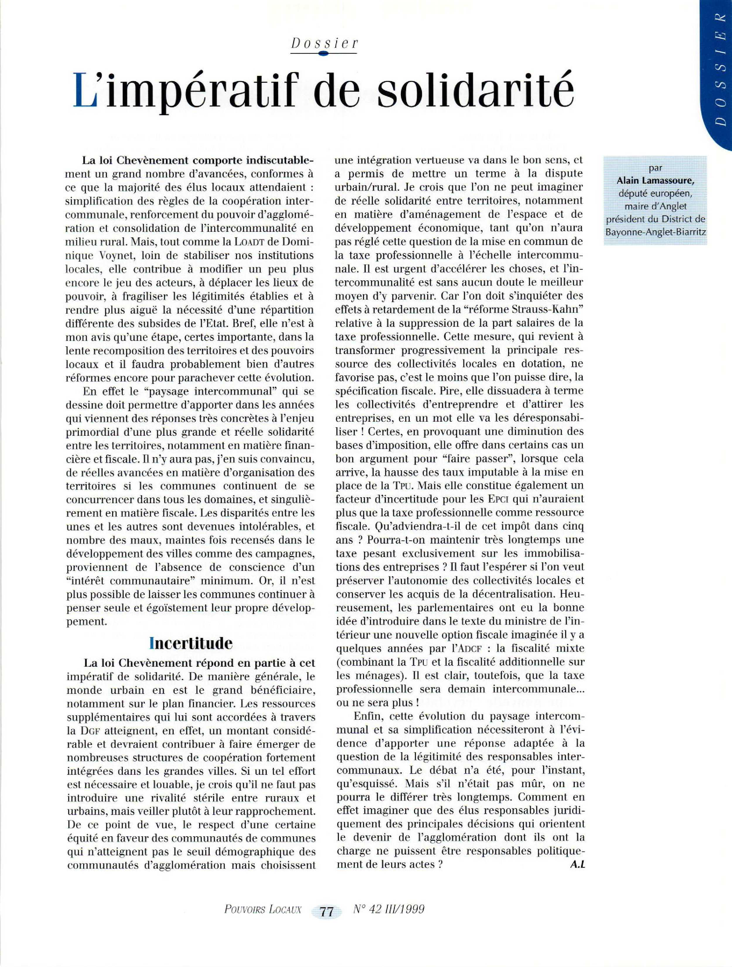 Article : Agglomérations - L’impératif de solidarité