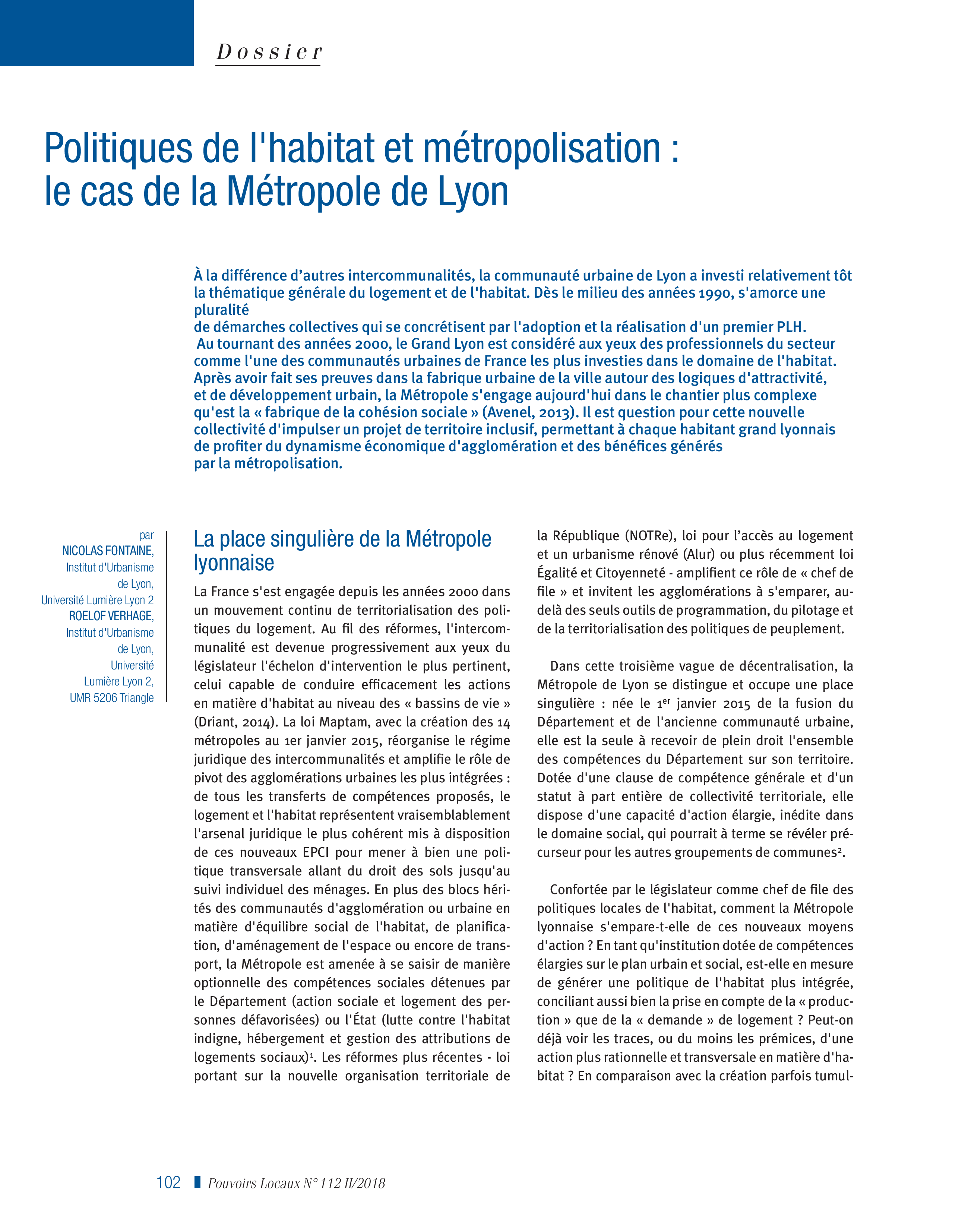 Article : Politiques de l’habitat et métropolisation : le cas de la Métropole de Lyon