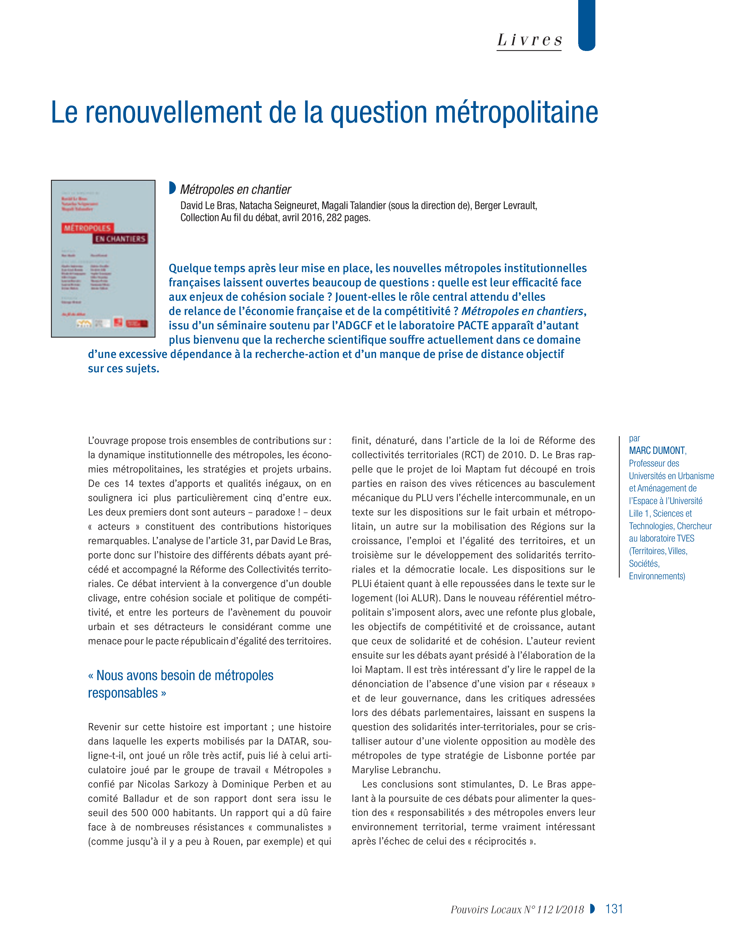 Article : Le renouvellement de la question métropolitaine