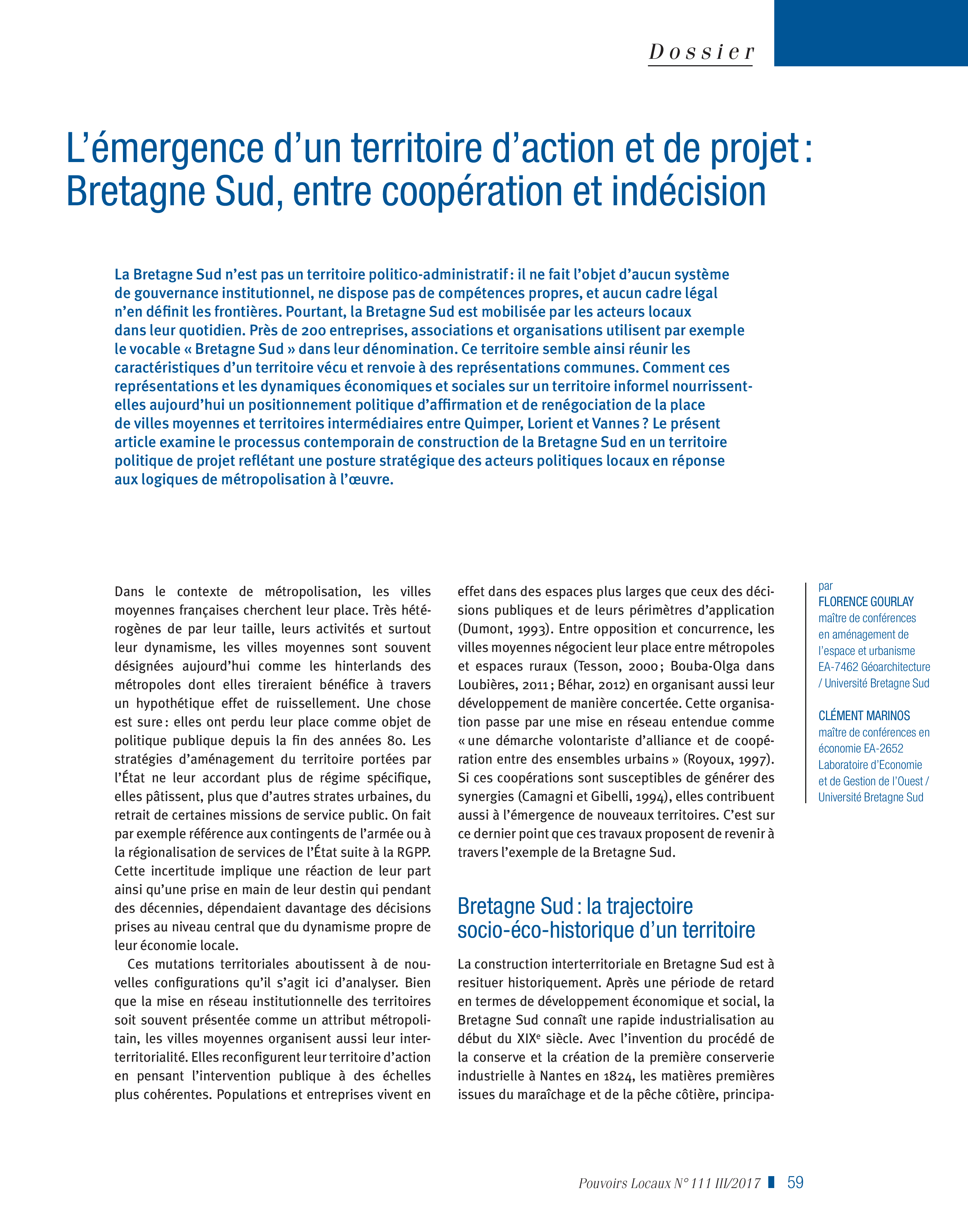 Article : L’émergence d’un territoire d’action et de projet : Bretagne Sud, entre coopération et indécision