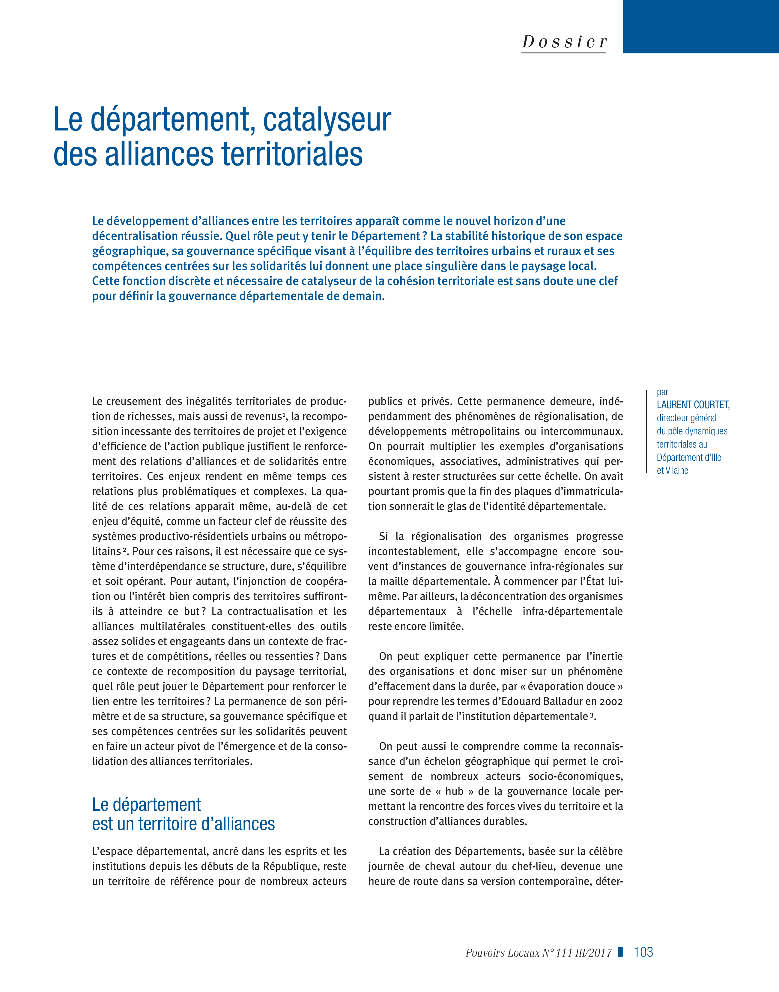 Article : Le département, catalyseur des alliances teritoriales