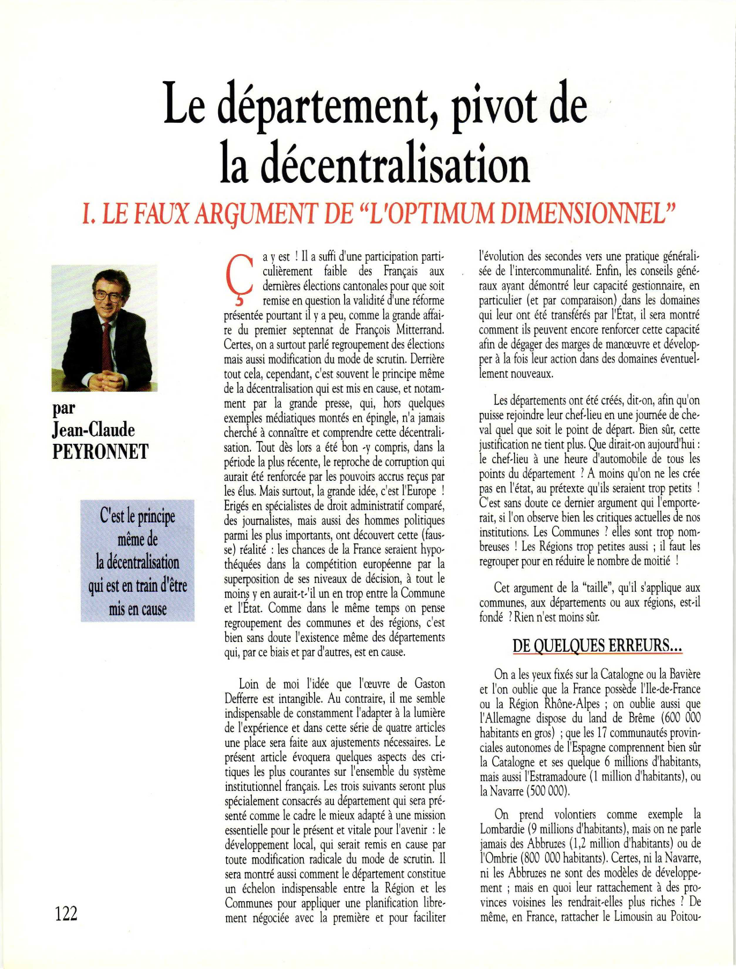 Article :  Le département pivot de la décentralisation (I).  Le faux argument de l’optimum dimensionnel 