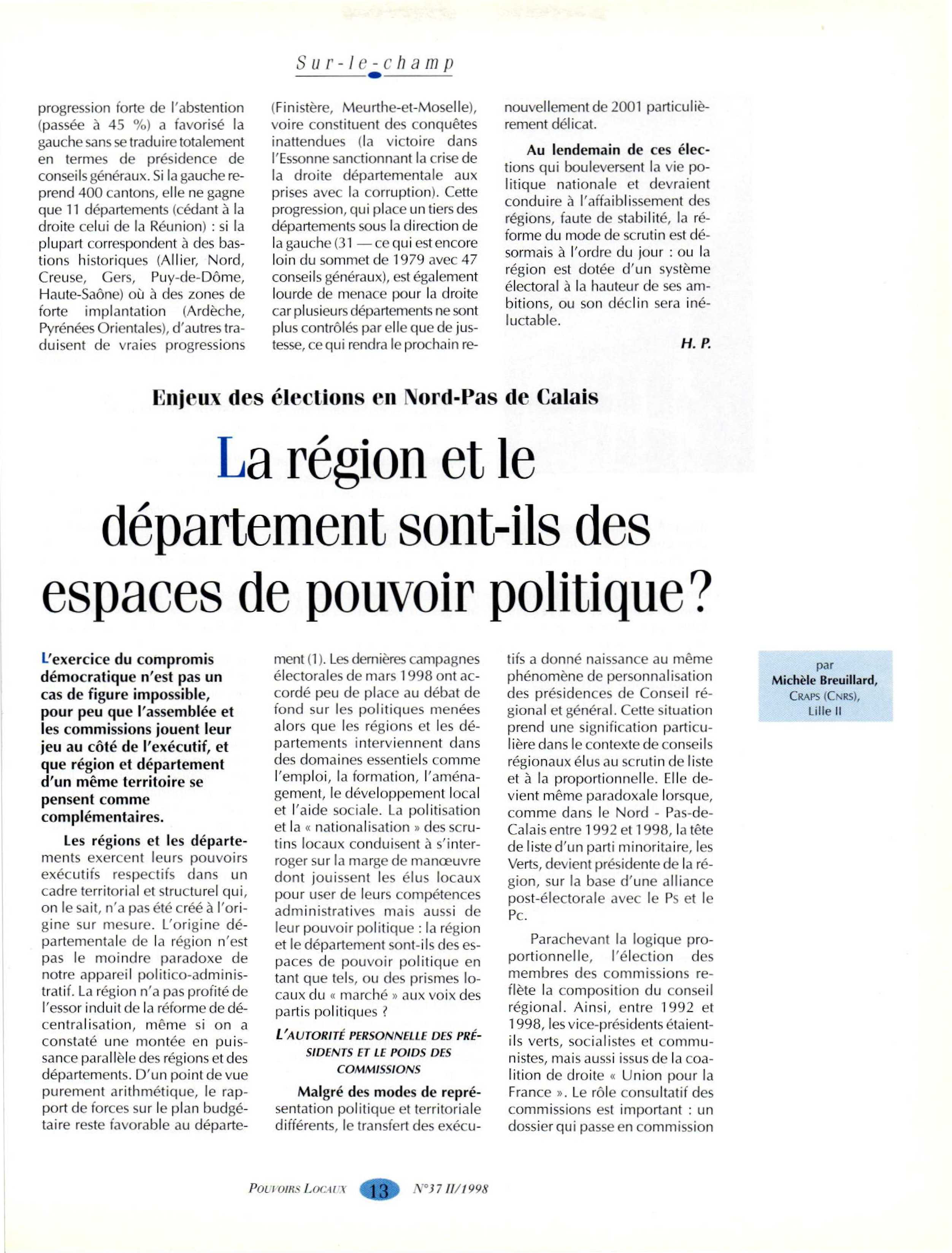 Article : Enjeux des élections en Nord-Pas-de-Calais - La région et le département sont-ils des espaces de pouvoir politique ?