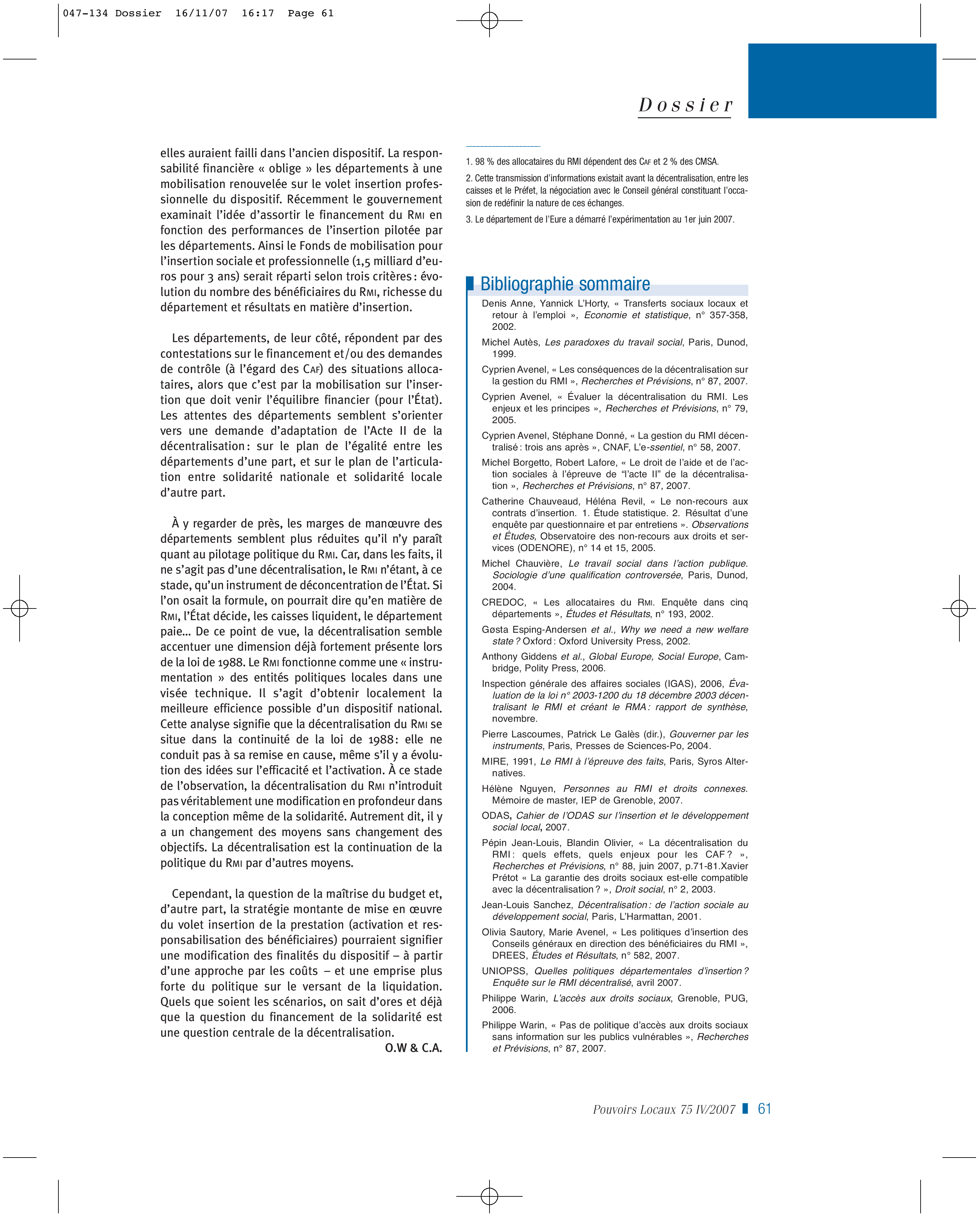 Article : La décentralisation du RMI : une pluralité de logiques d’action