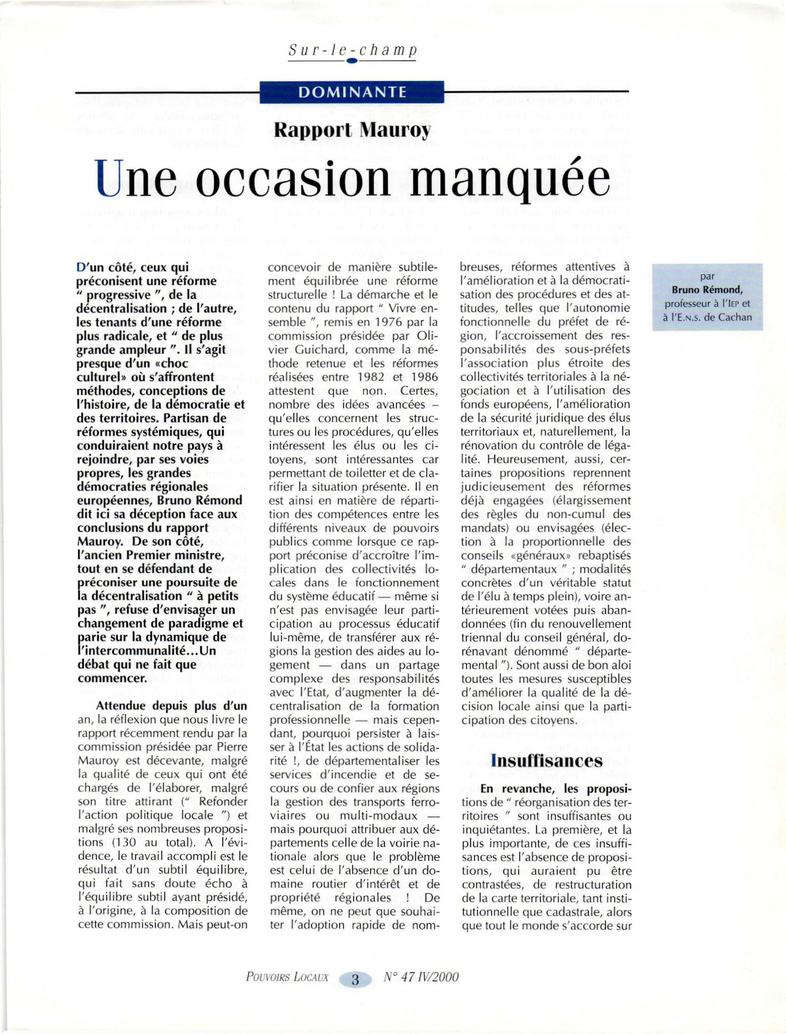 Article : Rapport Mauroy : Une occasion manquée