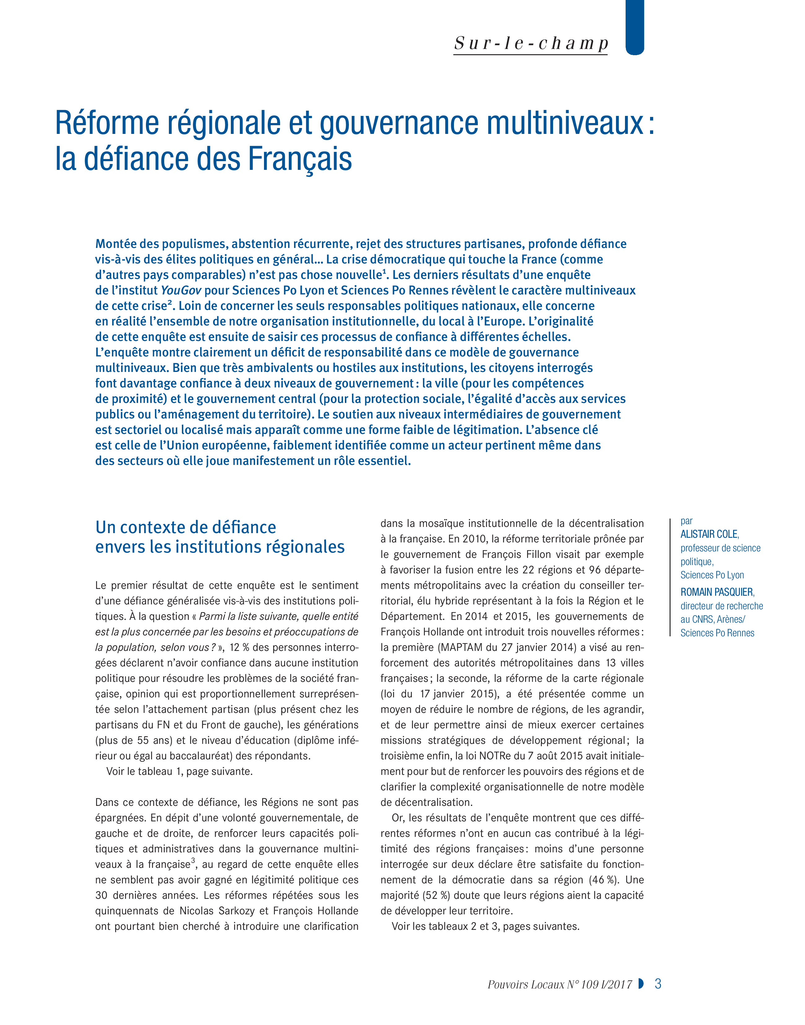 Article : Réforme territoriale et gouvernance multi-niveaux : la défiance des Français