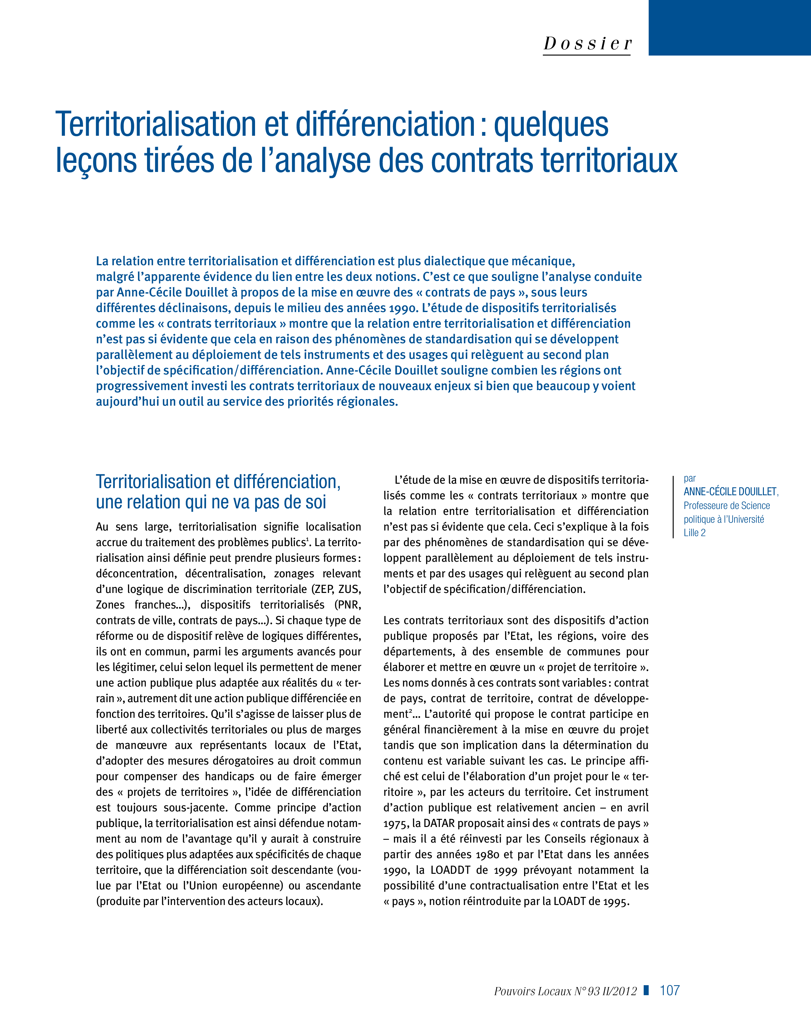 Article : Territorialisation et différenciation : quelques leçons tirées de l’analyse des contrats territoriaux 