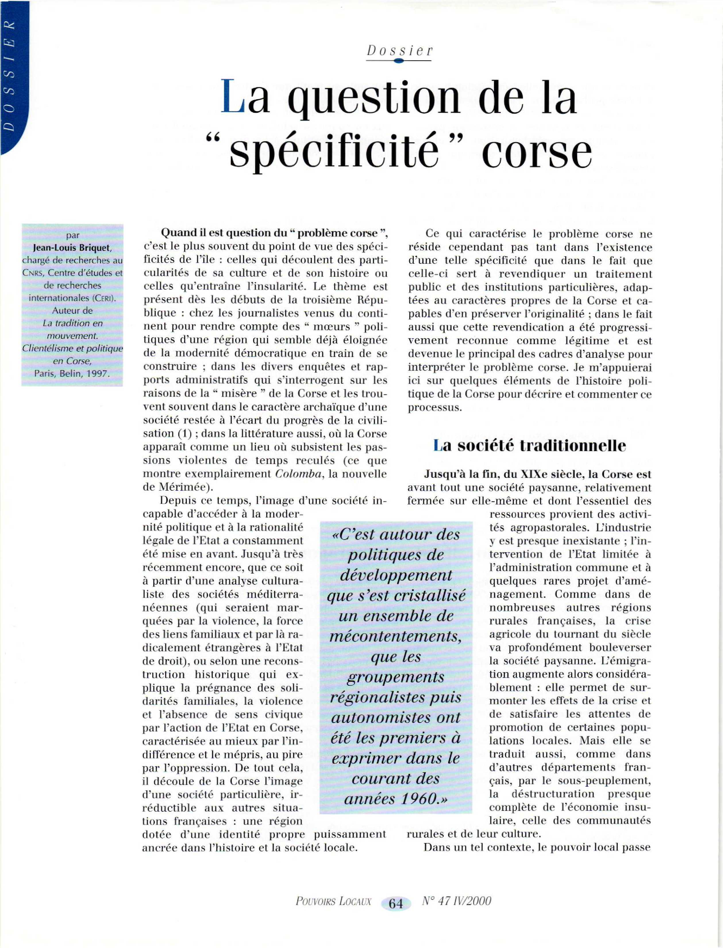 Article : La question de la « spécificité » Corse