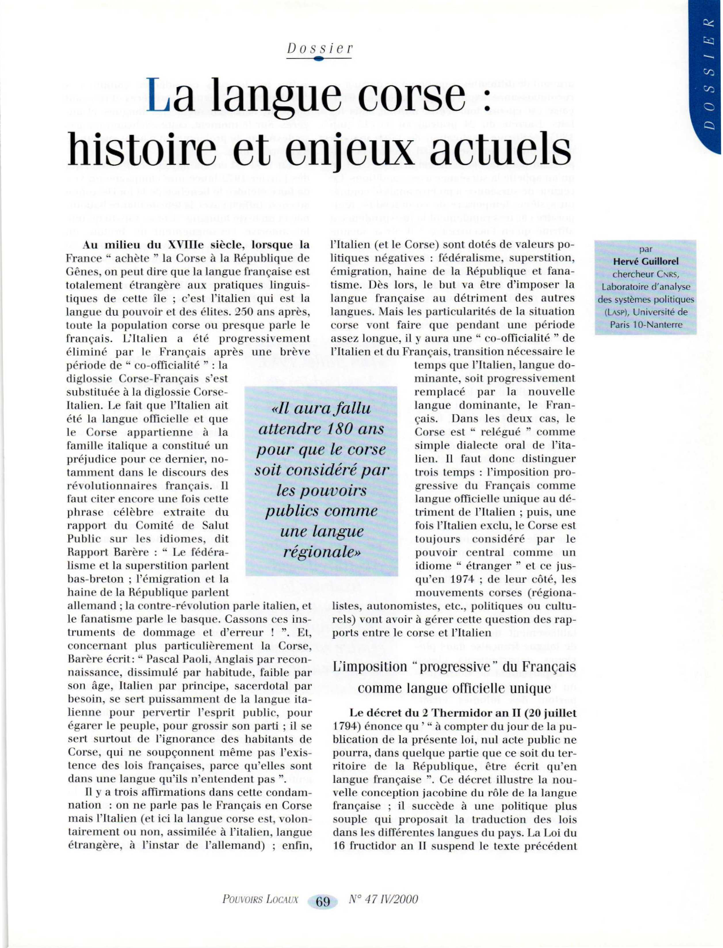 Article : La langue corse : histoire et enjeux actuels