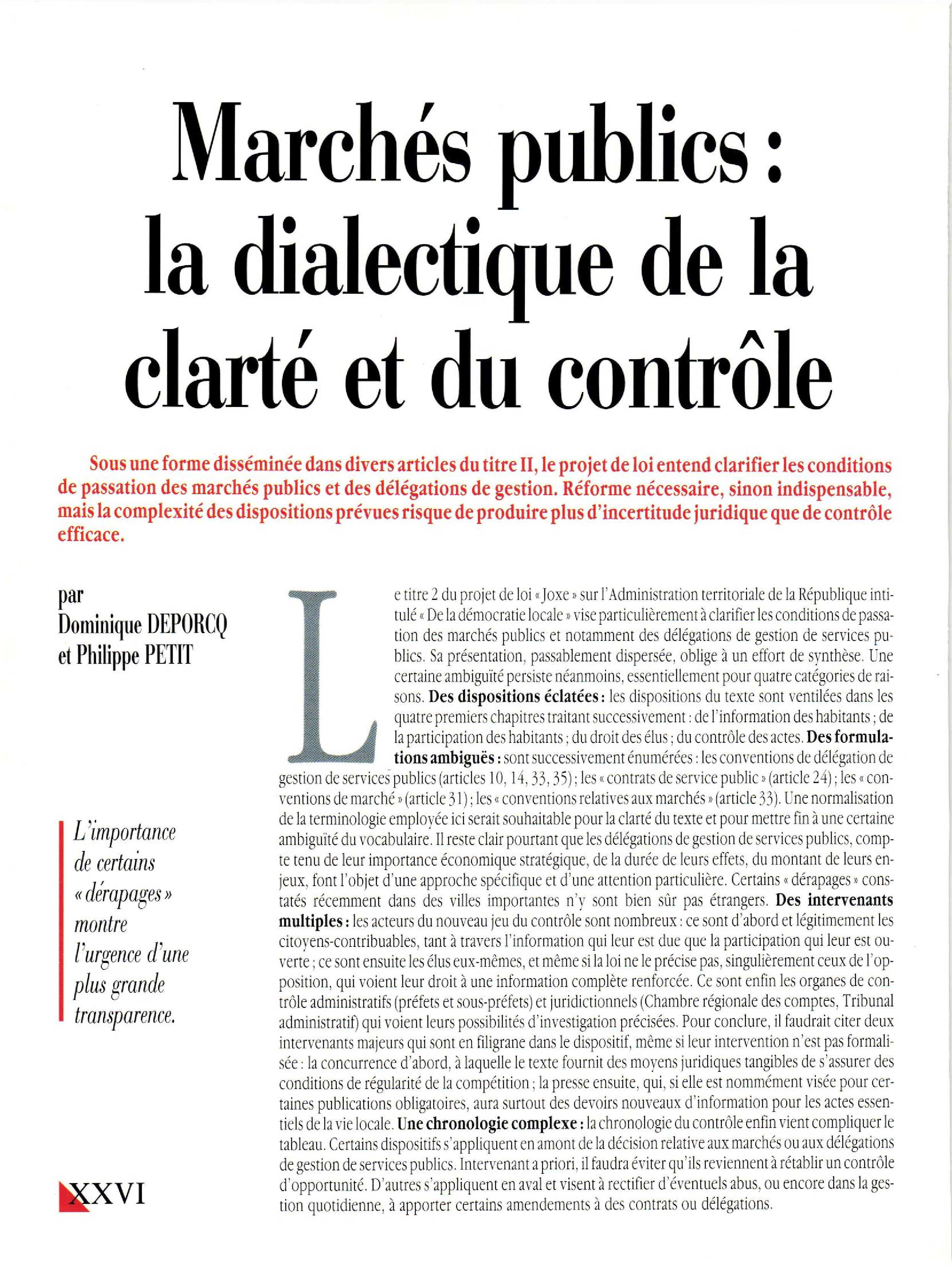 Article : Marchés publics. La dialectique de la clarté et du contrôle