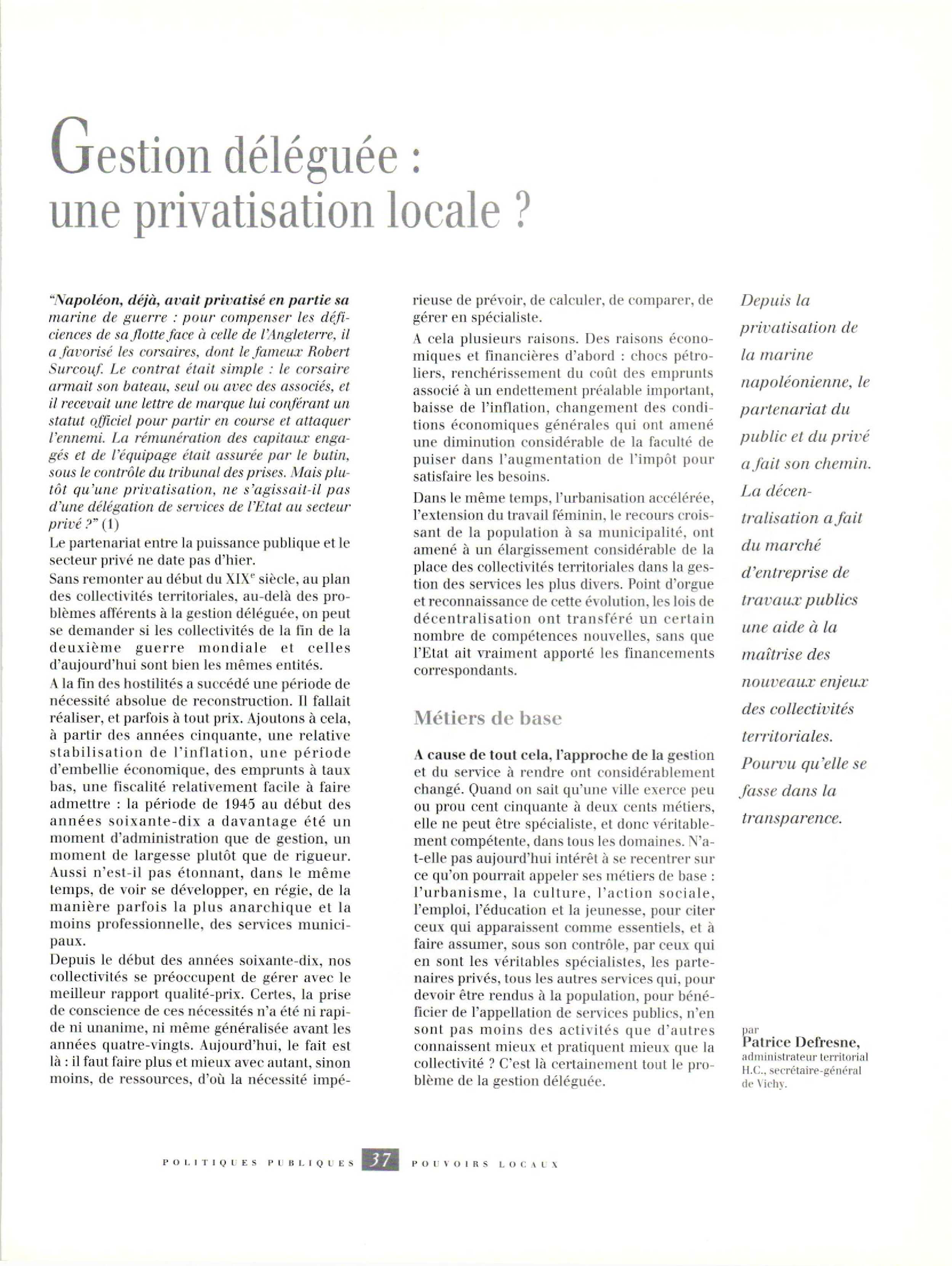 Article : Gestion déléguée : une privatisation locale