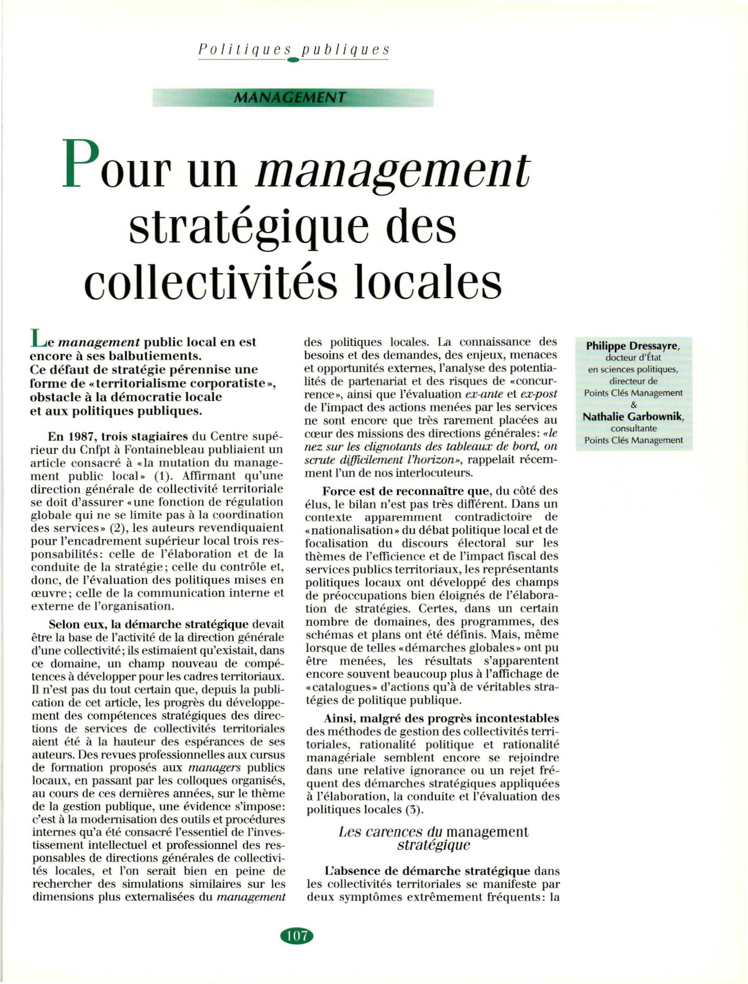 Article : Pour un management stratégique des collectivités locales