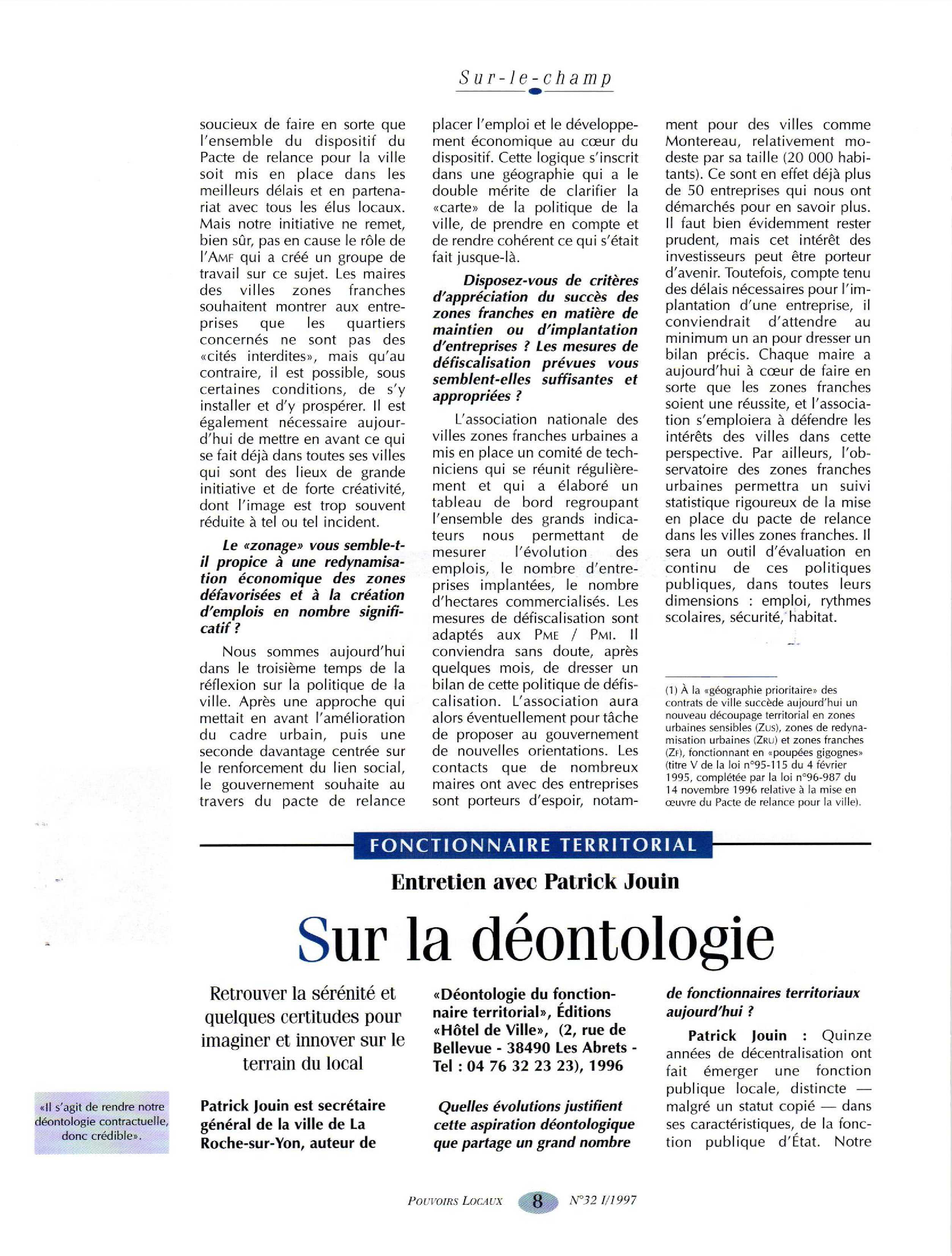 Article : Fonctionnaire territorial - Sur la déontologie, Entretien avec Patrick Join