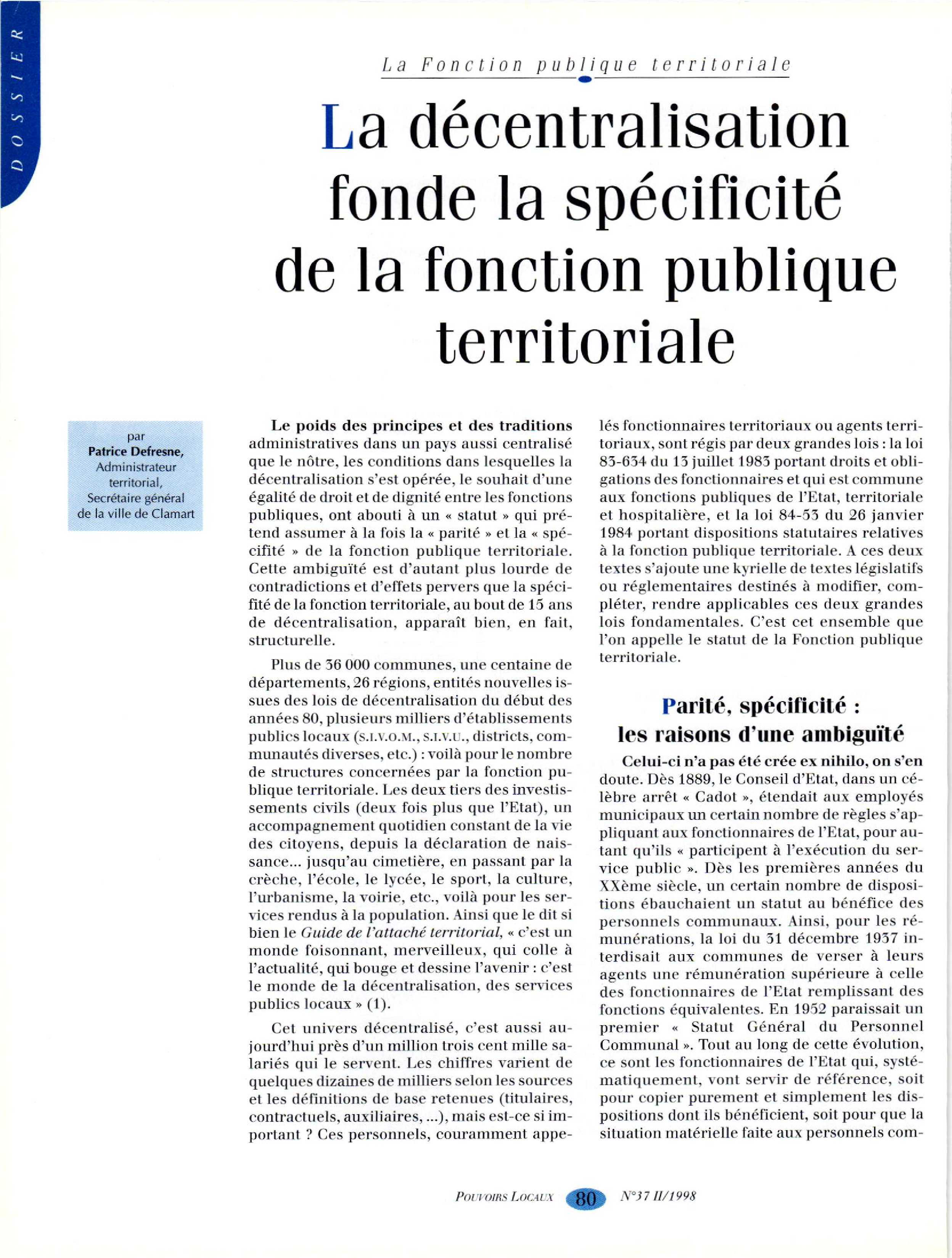 Article : La décentralisation fonde la spécificité de la fonction publique territoriale