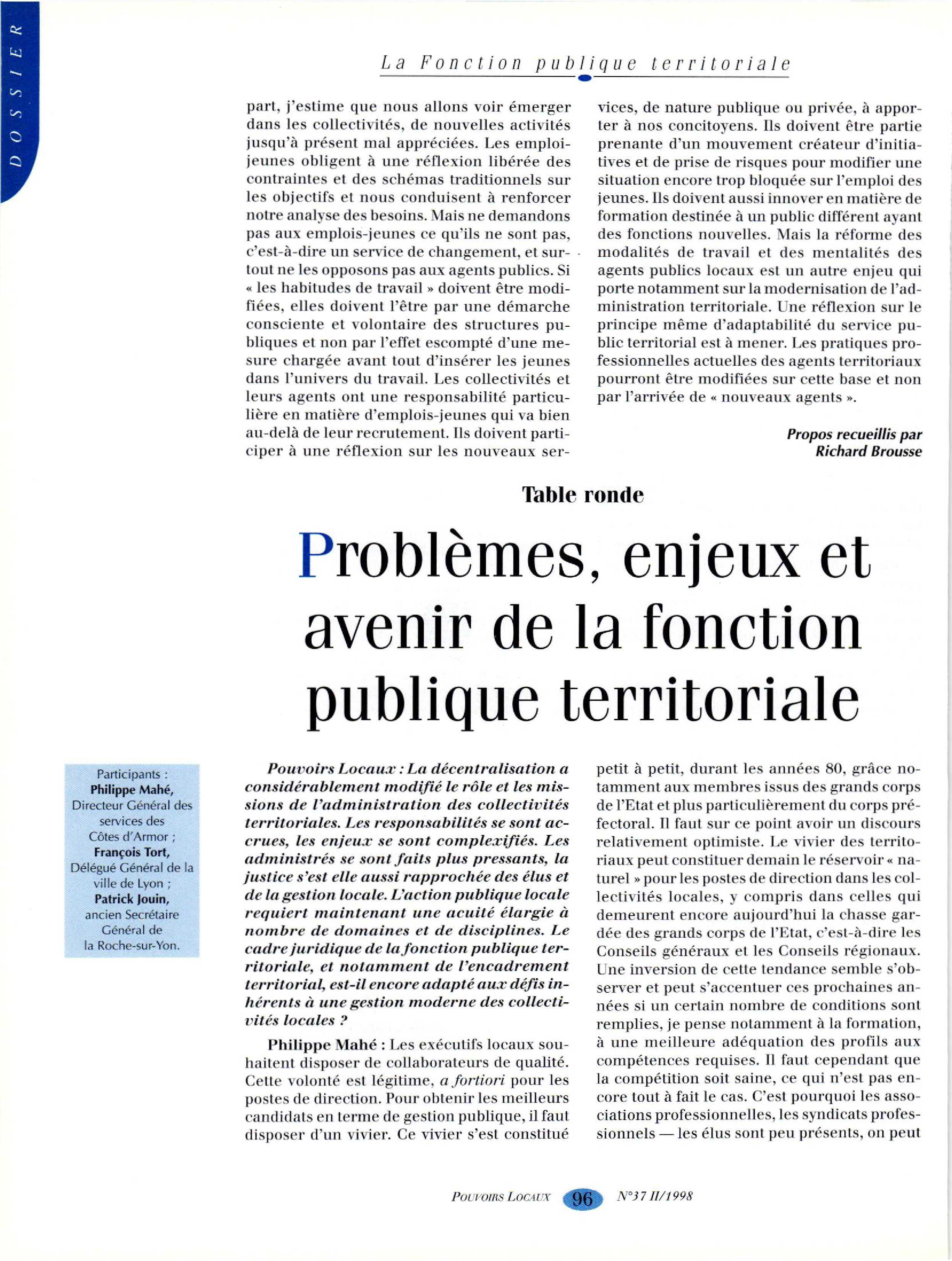 Article : Problèmes, enjeux et avenir de la fonction publique territoriale
