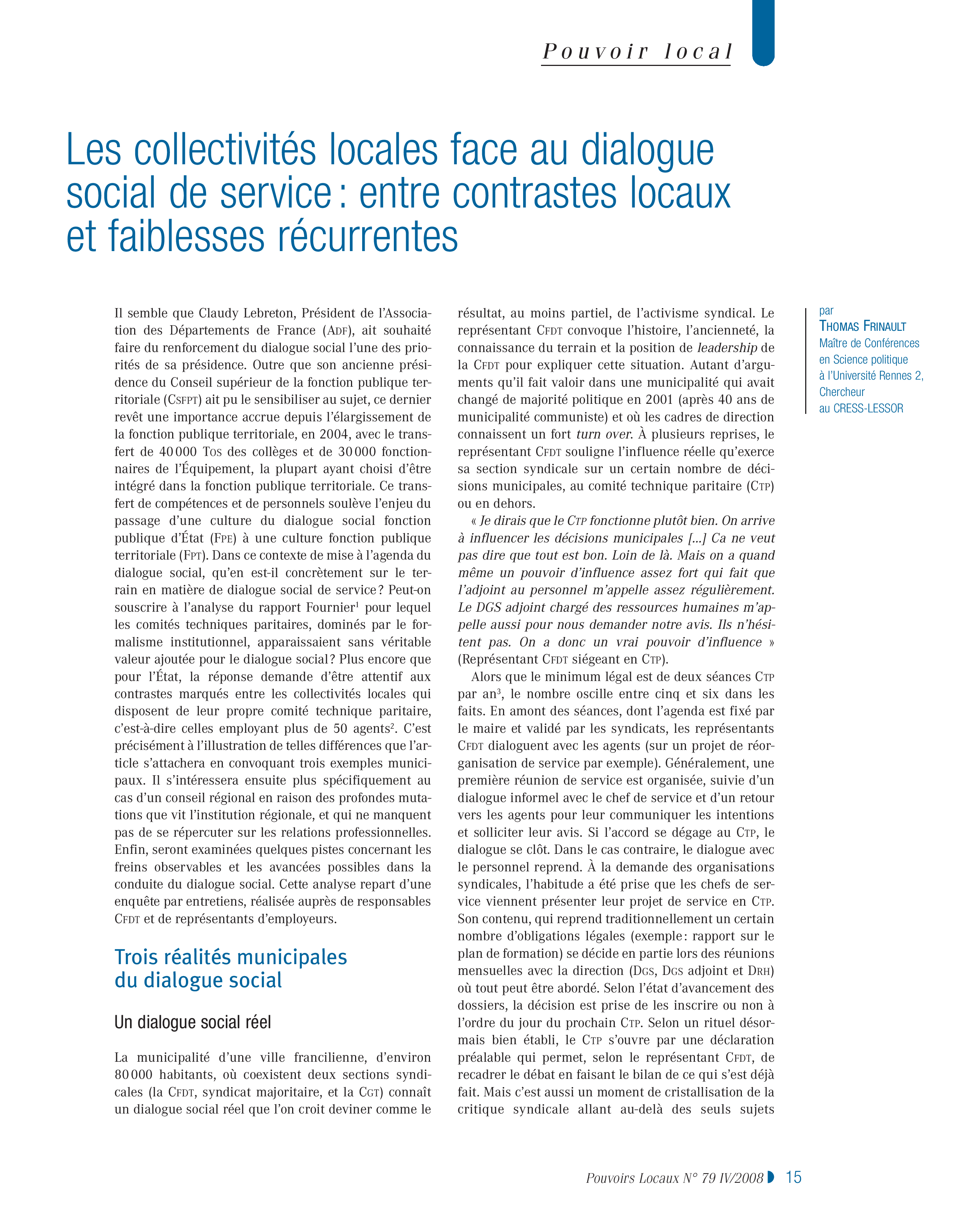 Article : Les collectivités locales face au dialogue social de service : entre contrastes locaux et faiblesses récurrentes