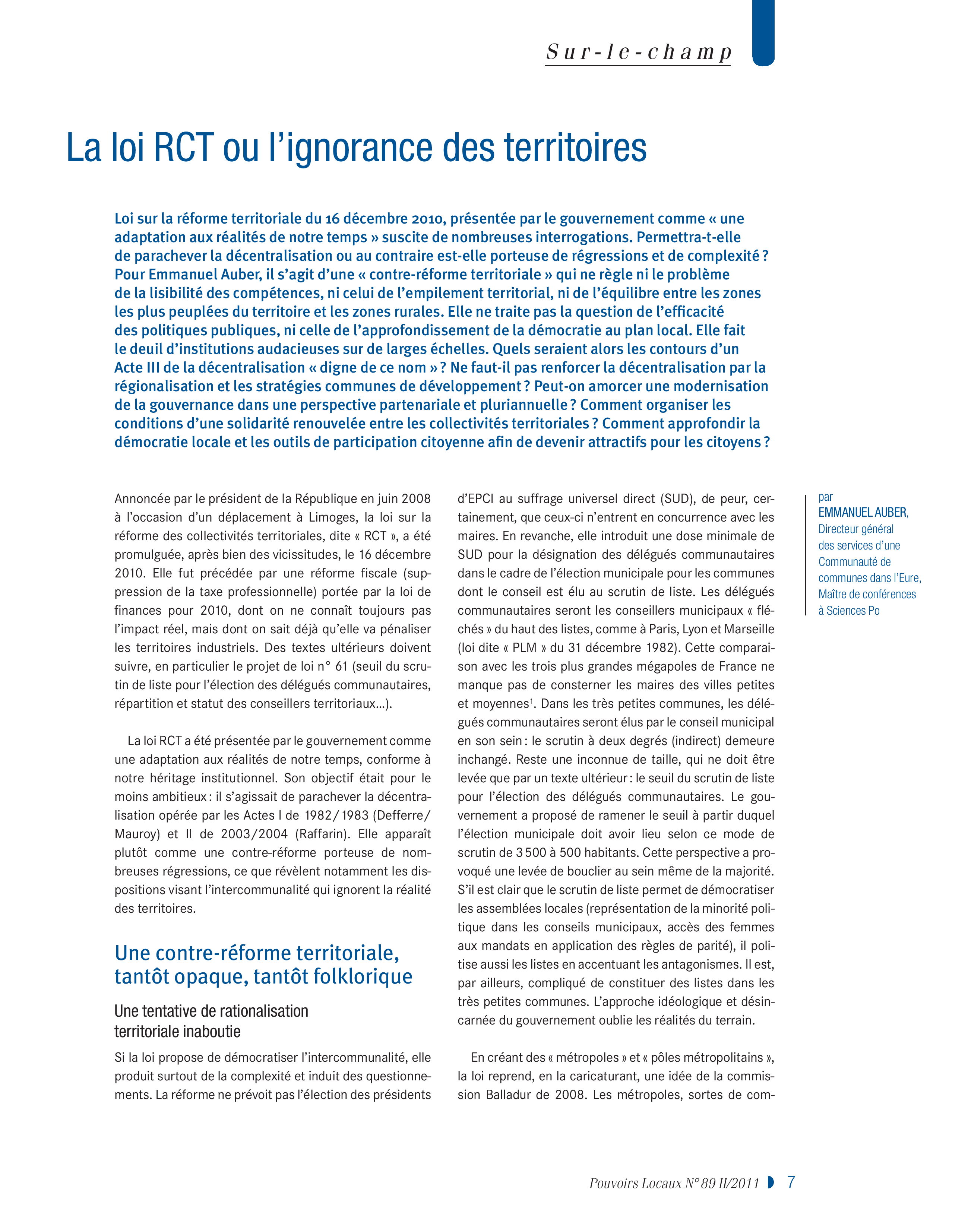 Article : La loi RCT ou l’ignorance des territoires