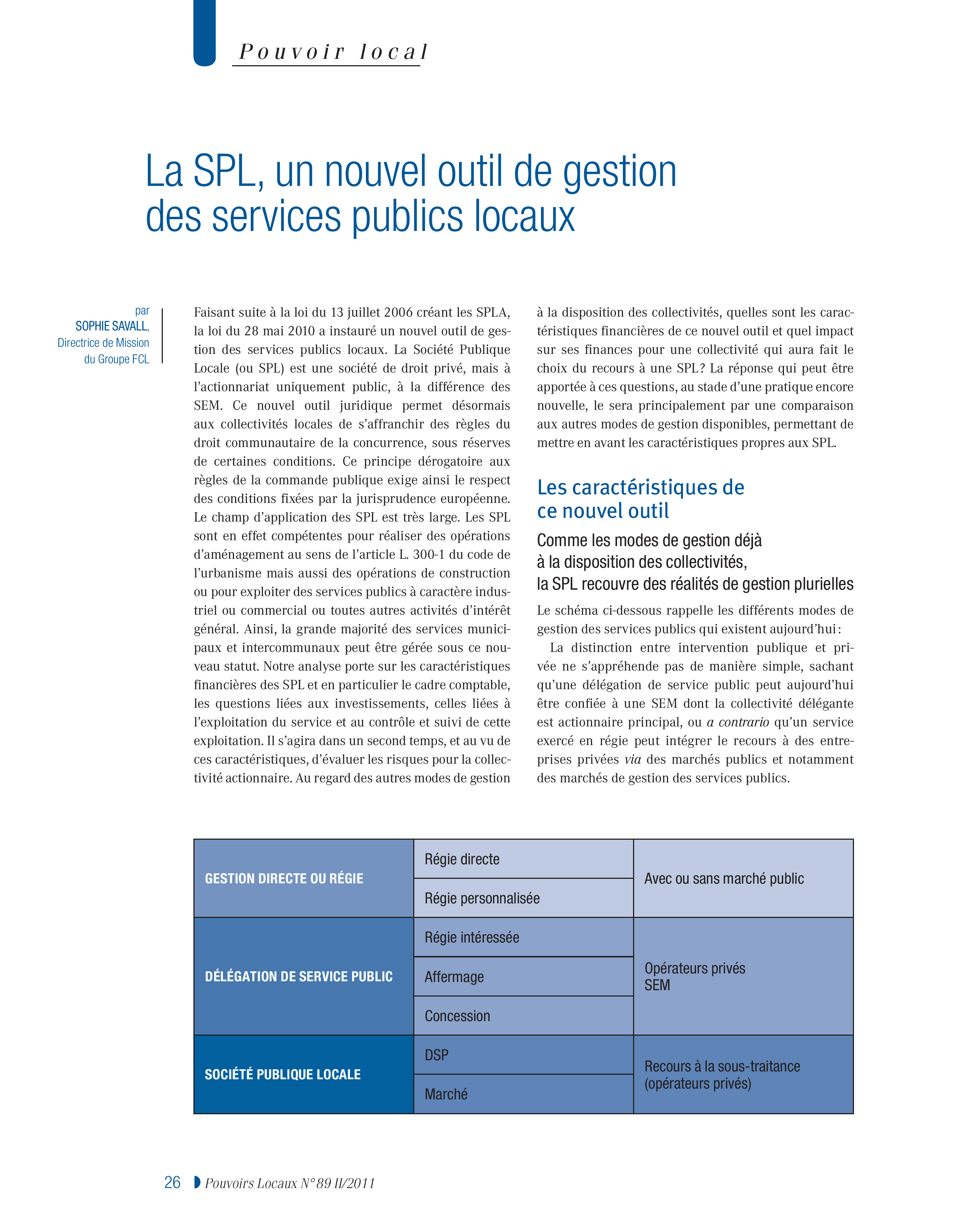 Article : La SPL, un nouvel outil  de gestion des services publics locaux