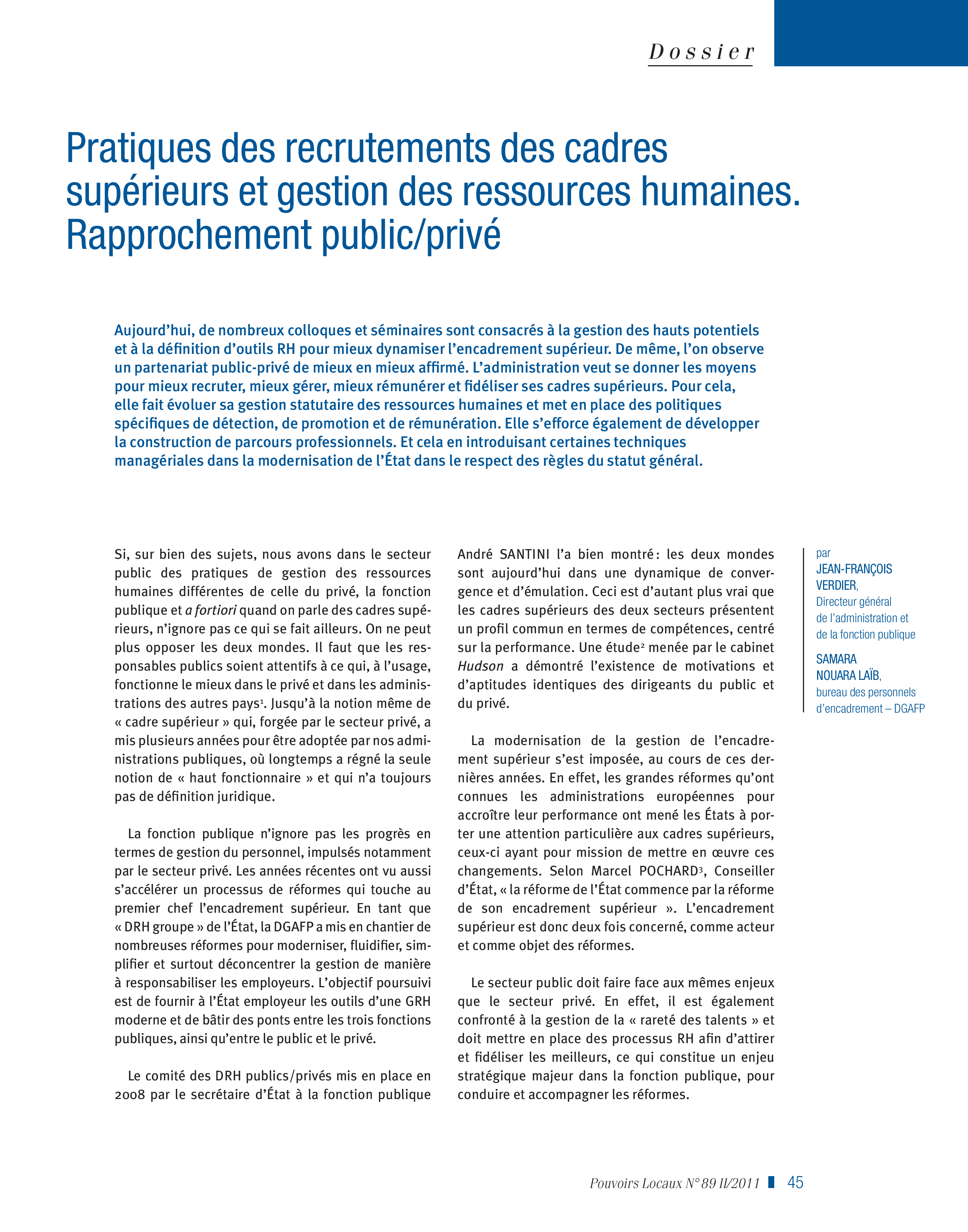 Article : Pratiques de recrutements des cadres supérieurs et gestion des ressources humaines. Rapprochement public/privé